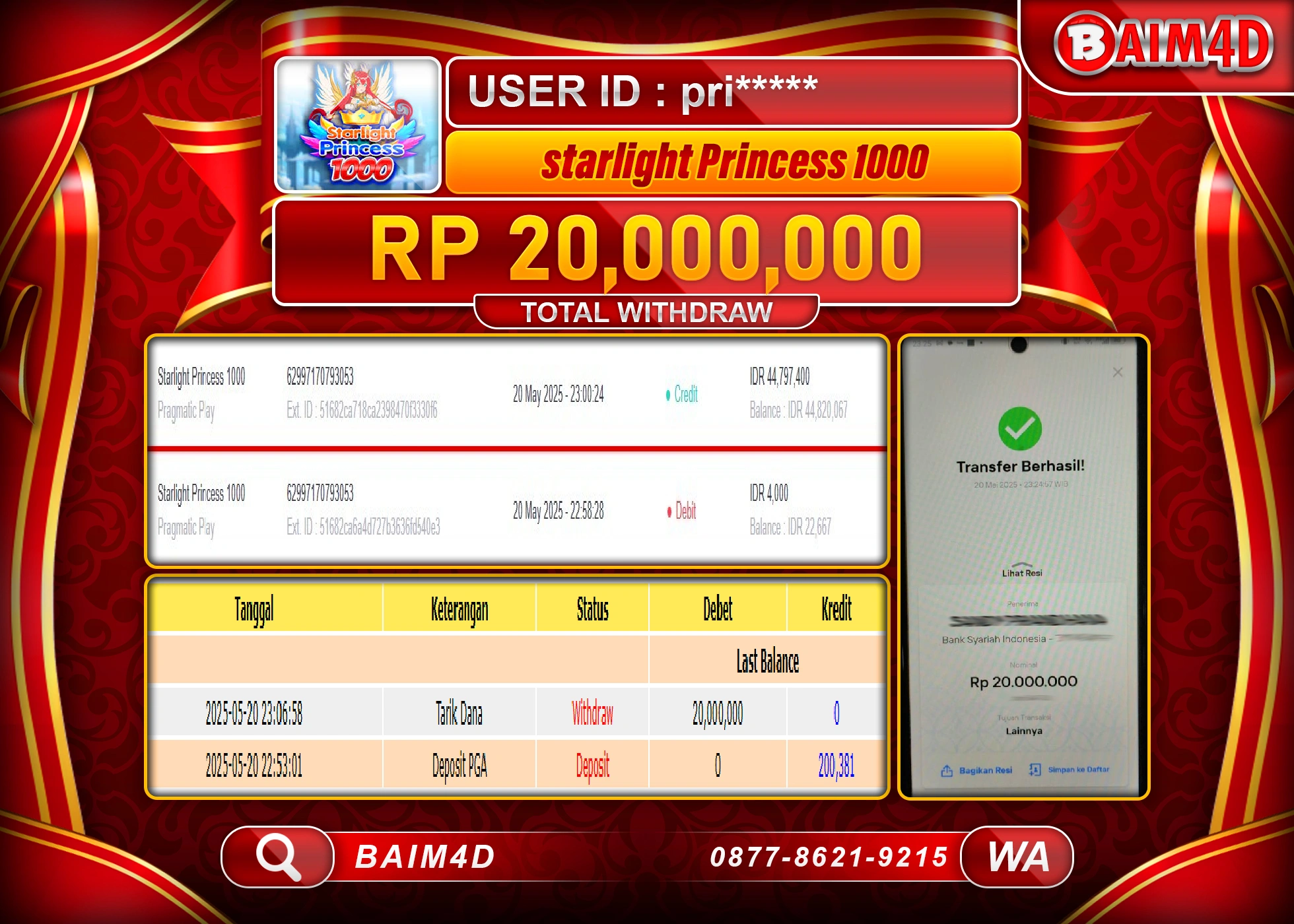 BAIM4D MENANG  STARLIGHT PRINCESS 1000 Rp20,000,000 - LUNAS
