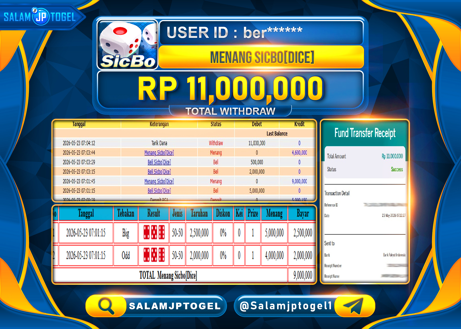 SALAMJPTOGEL JACKPOT LIVEGAMES Menang Sicbo[Dice] Rp.29,000,000 - LUNAS