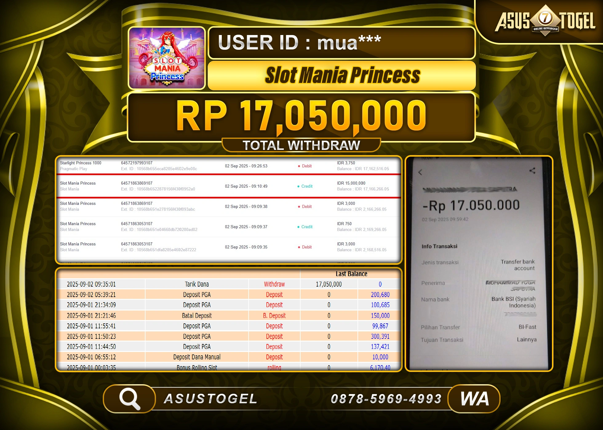 ASUSTOGEL KEMENANGAN DI SLOT MANIA PRINCESS SEBESAR 17,050,000- RUPIAH LUNAS