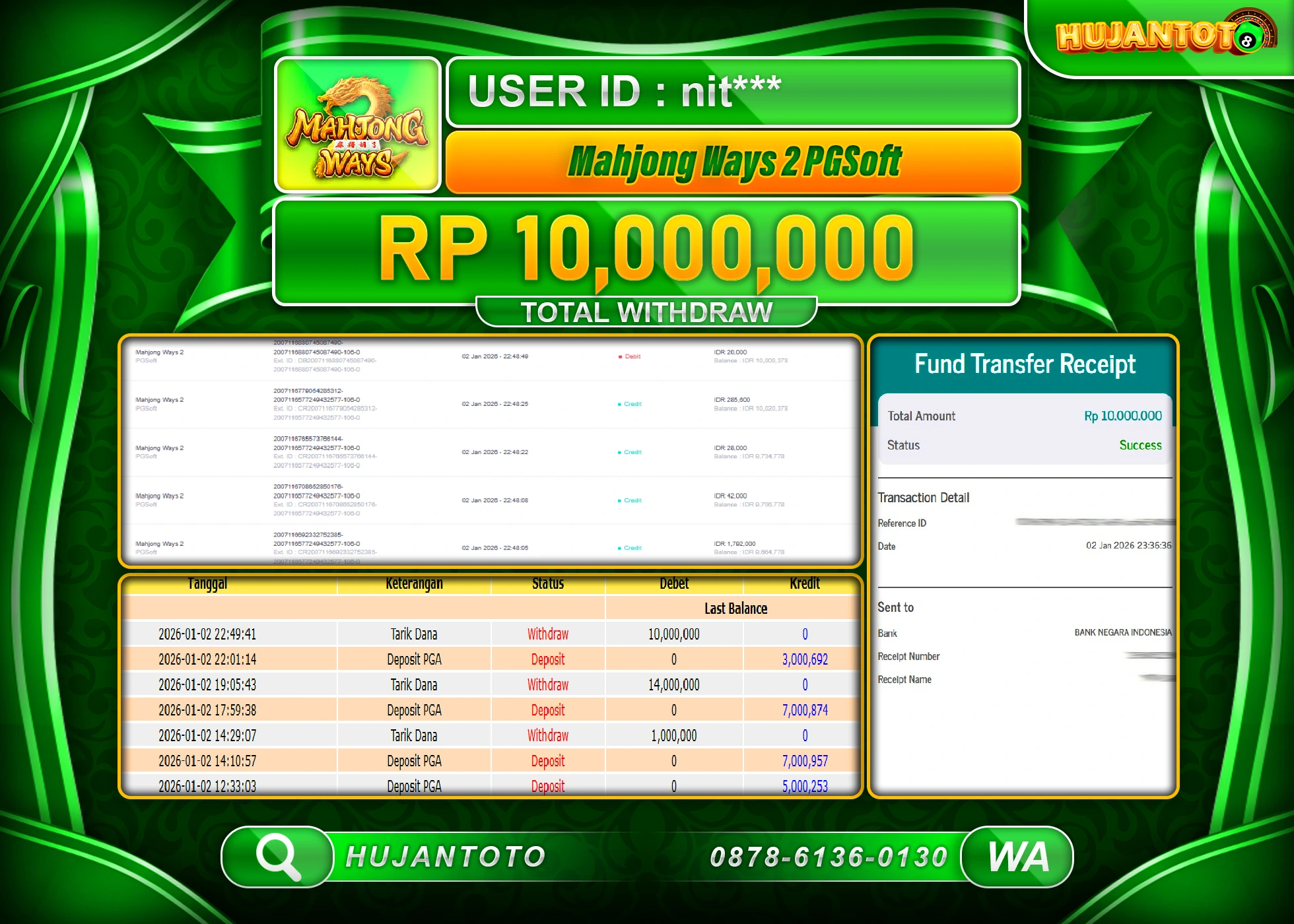 HUJANTOTO - BUKTI JACKPOT MENANG SLOT MAHJONG WAYS 2 Rp.10,000,000 - TERBAYAR LUNAS