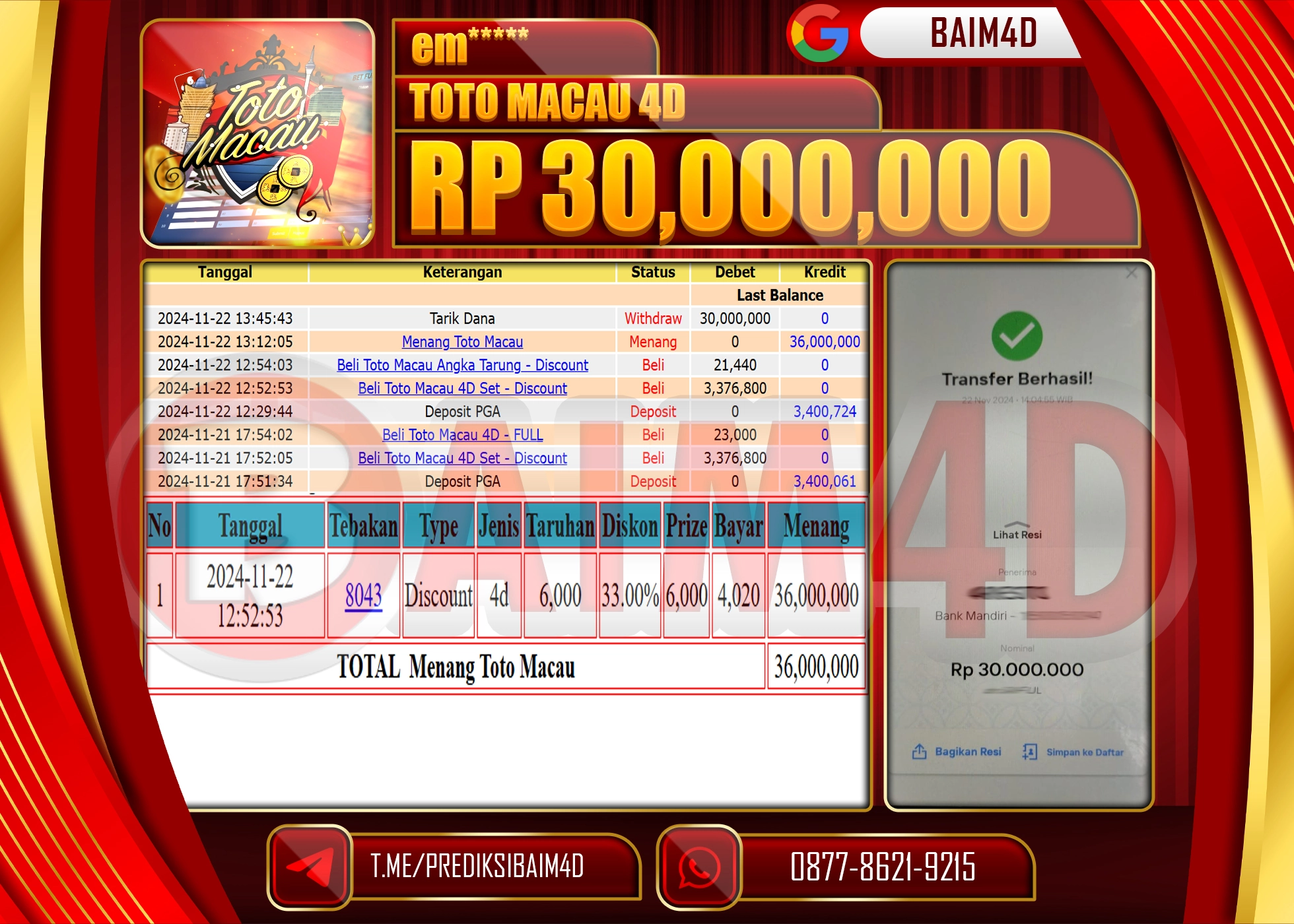 BAIM4D JACKPOT MENANG TOTO MACAU POOLS Rp.30.000,000.- LUNAS