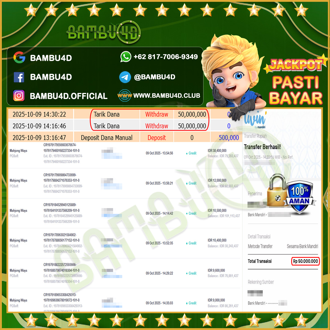 BAMBU4D JACKPOT SLOT PGSOFT MAHJONG WAYS Rp.50.000.000,- LUNAS