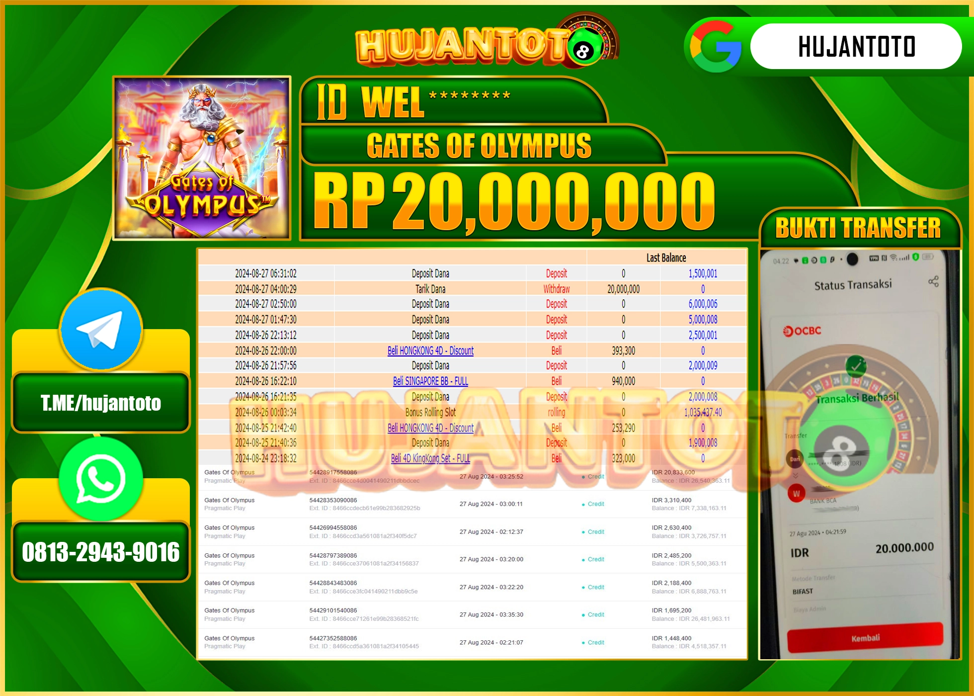 HUJANTOTO MENANG BESAR DI PERMAINAN SLOT GATES OF OLYMPUS , 20.000.000 - LUNAS 
