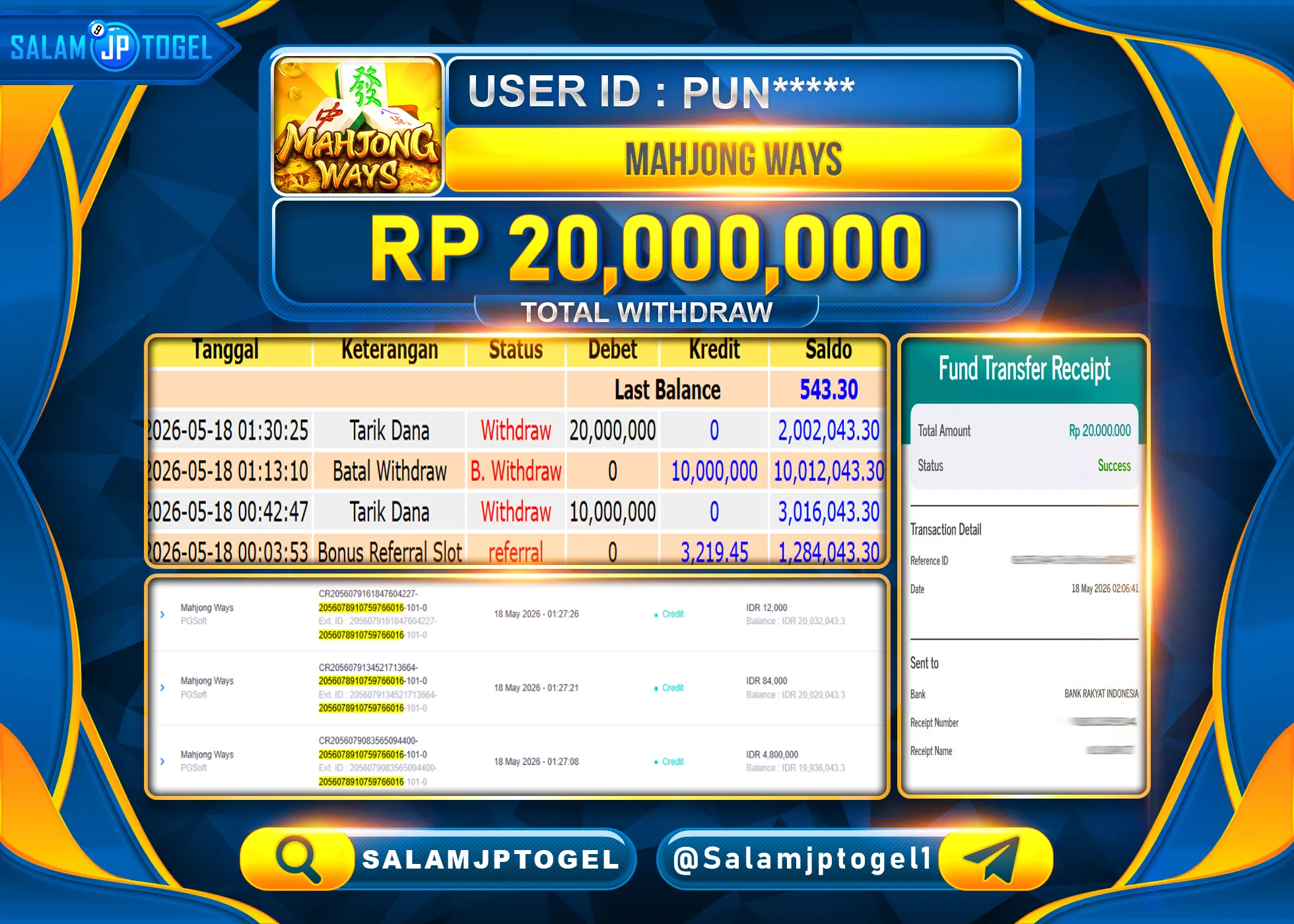 SALAMJPTOGEL JACKPOT MENANG SLOT MAHJONG WAYS 2 (PG SOFT)  Rp.20,000,000 - LUNAS