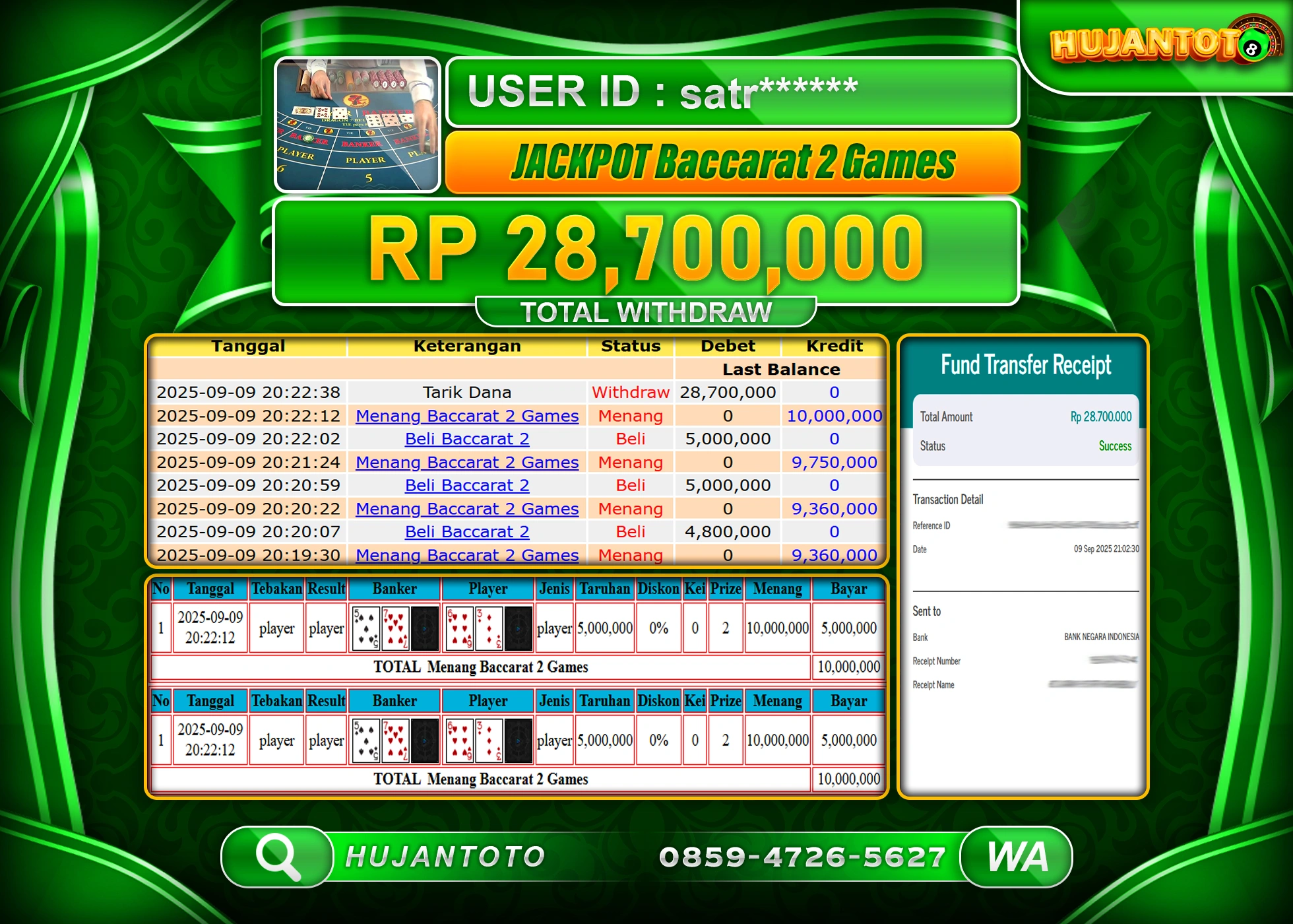 HUJANTOTO - BUKTI JACKPOT MENANG LIVEGAMES BACCARAT 2 GAMES Rp.28,700,000 - TERBAYAR LUNAS
