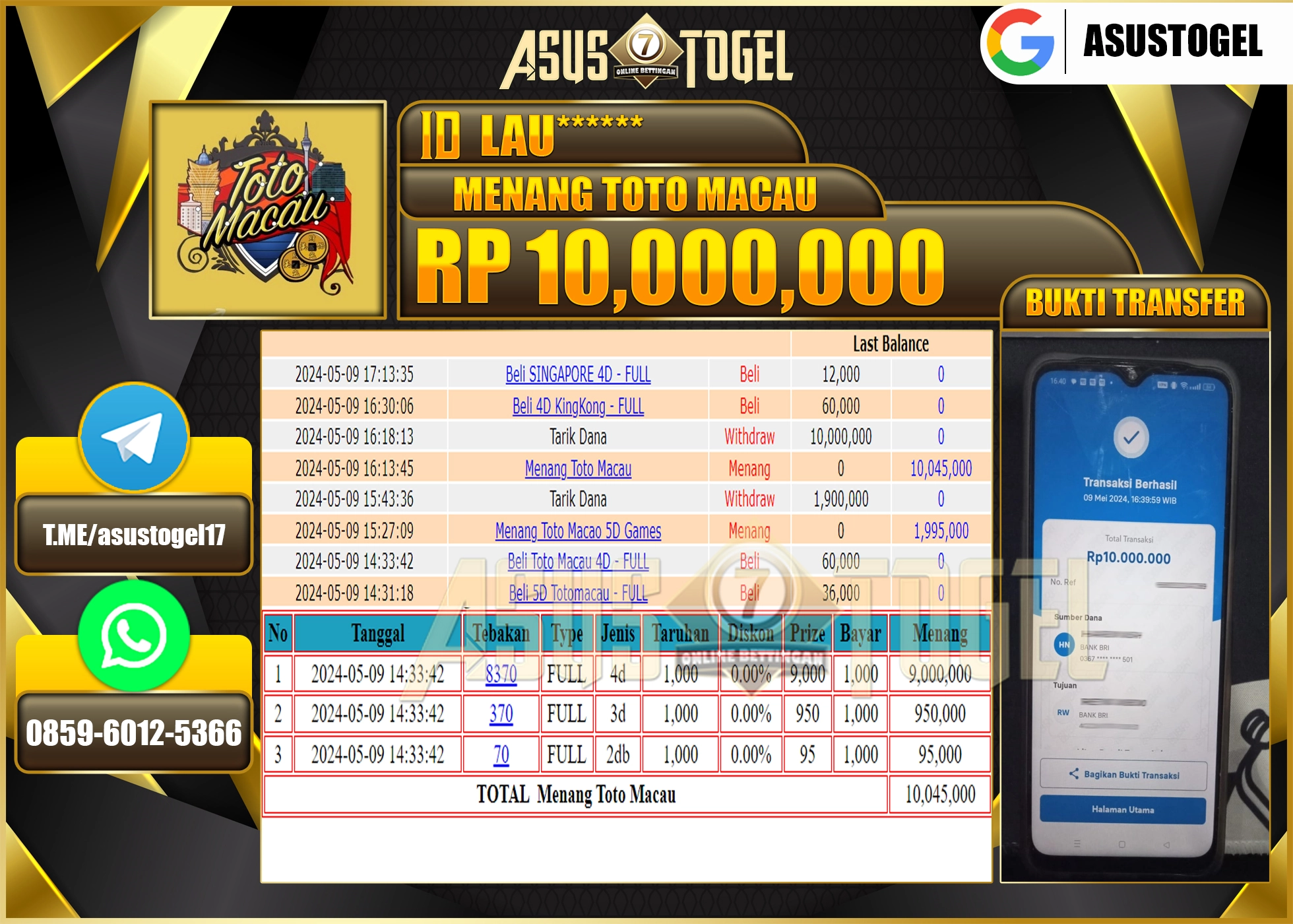 ASUSTOGEL MENANG DI TOTO MACAU 10.000.000- LUNAS