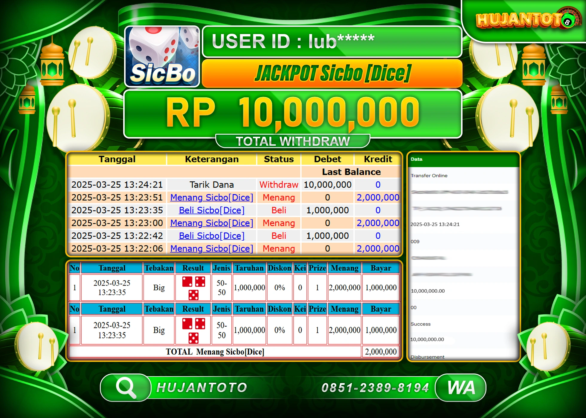 HUJANTOTO - BUKTI JACKPOT MENANG LIVEGAME SICBO DICE Rp,10,000,000- TERBAYAR LUNAS