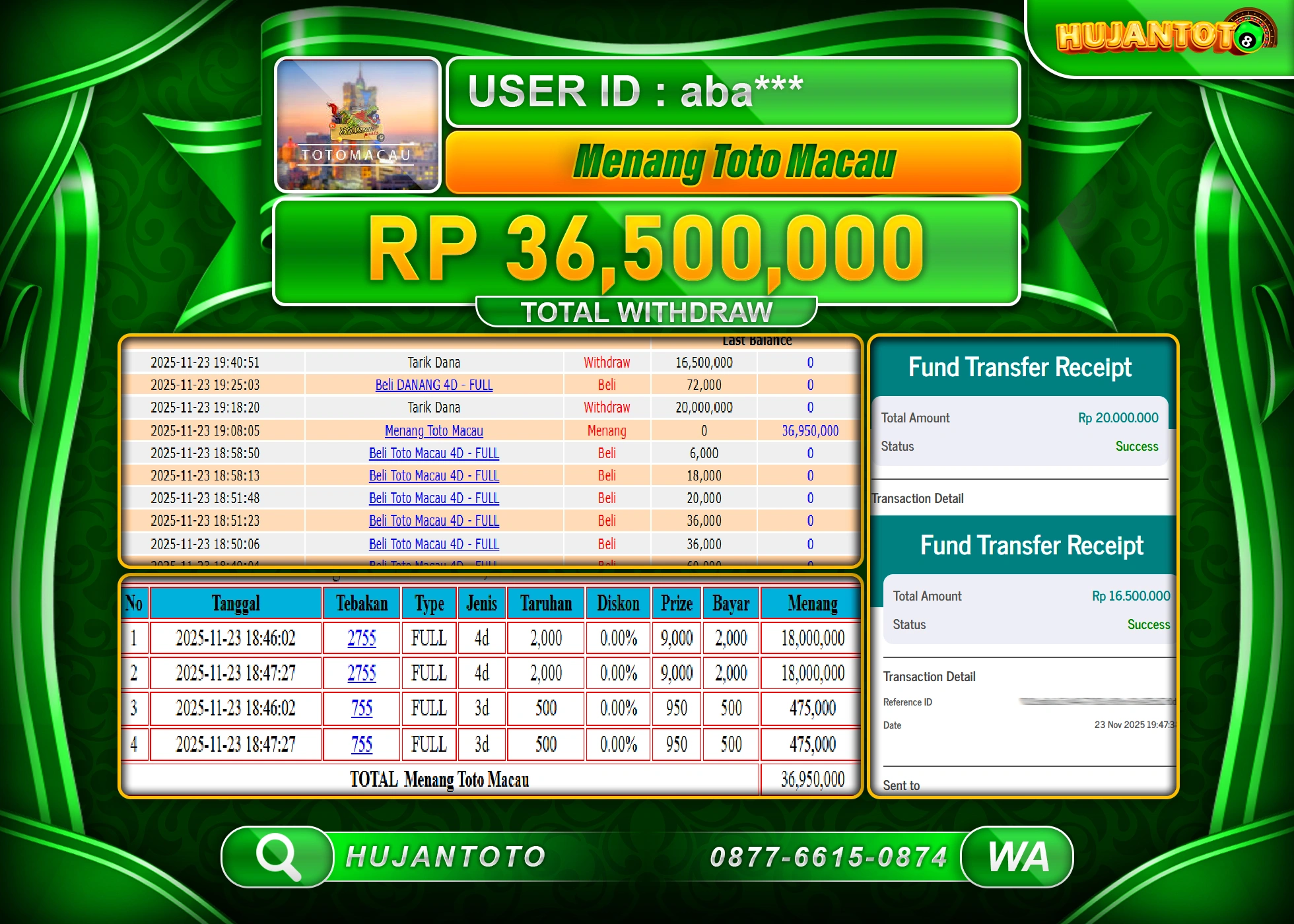 HUJANTOTO - BUKTI JACKPOT MENANG TOGEL TOTO MACAU 4D Rp.36,500,000 - TERBAYAR LUNAS