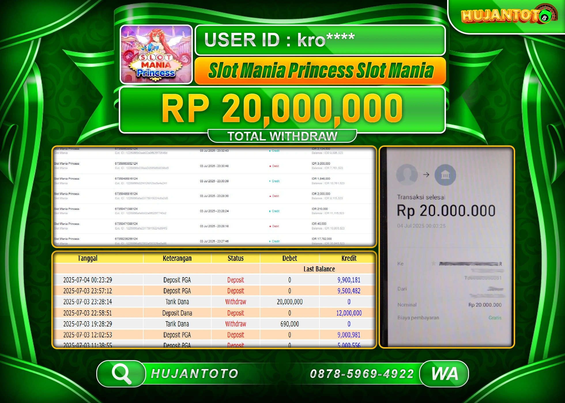 HUJANTOTO - BUKTI JACKPOT MENANG SLOT PRINCESS SLOT MANIA Rp.20,000,000 - TERBAYAR LUNAS