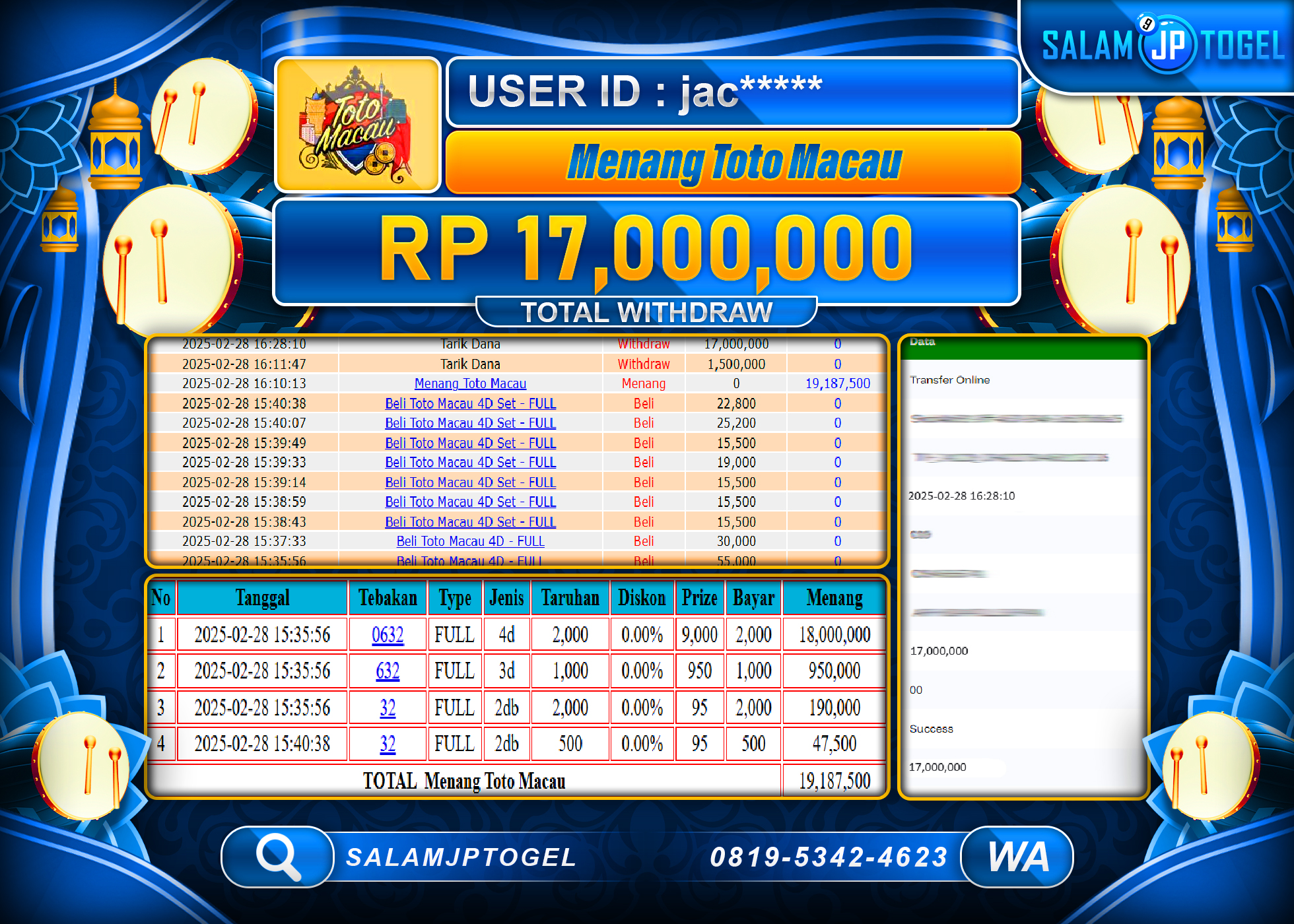 SALAMJPTOGEL MENANG TOGEL TOTO MACAU Rp. 17,000,000  LUNAS