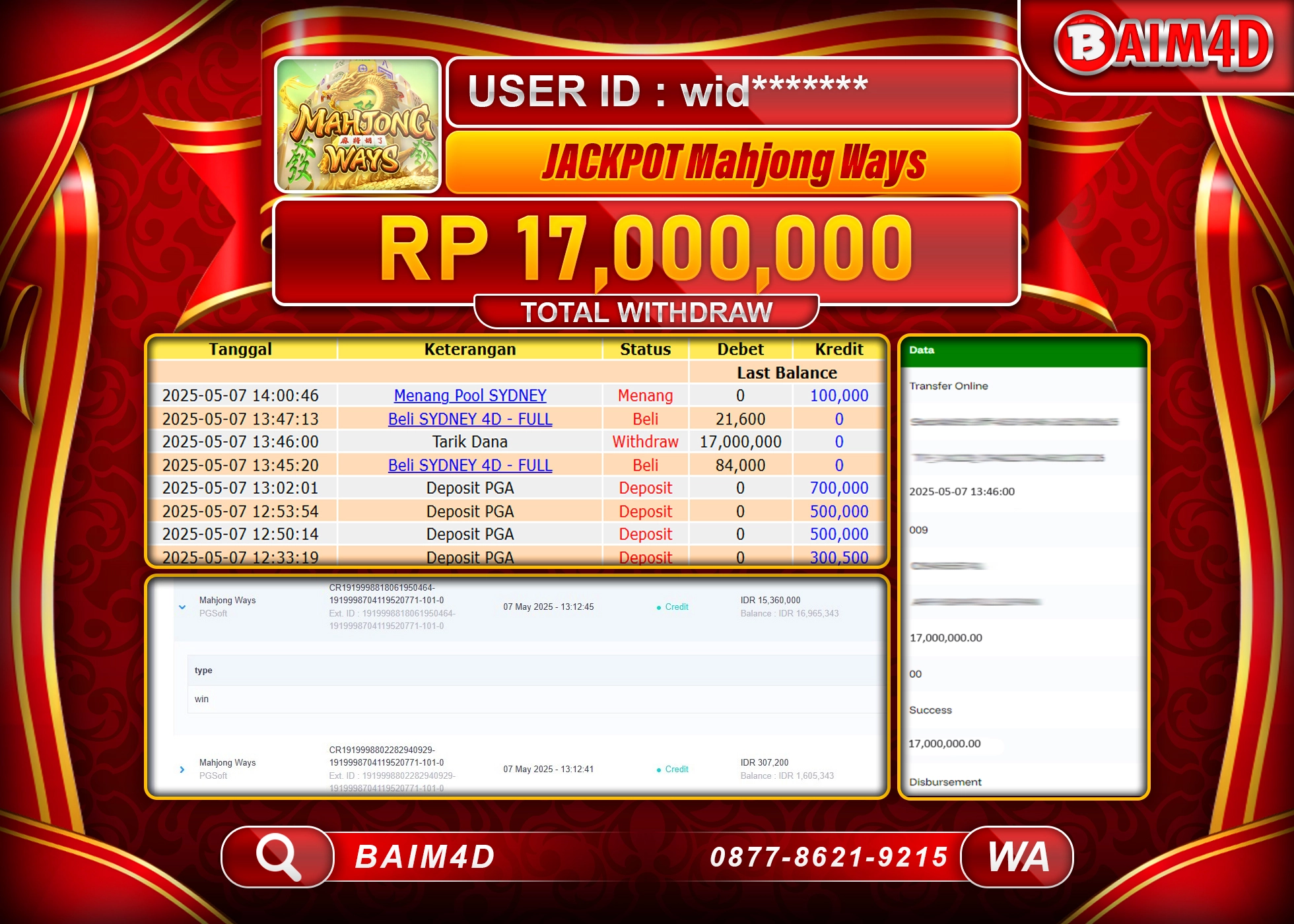 BAIM4D MENANG JACKPOT Mahjong Wahy 5D Rp17,000,000 - LUNAS