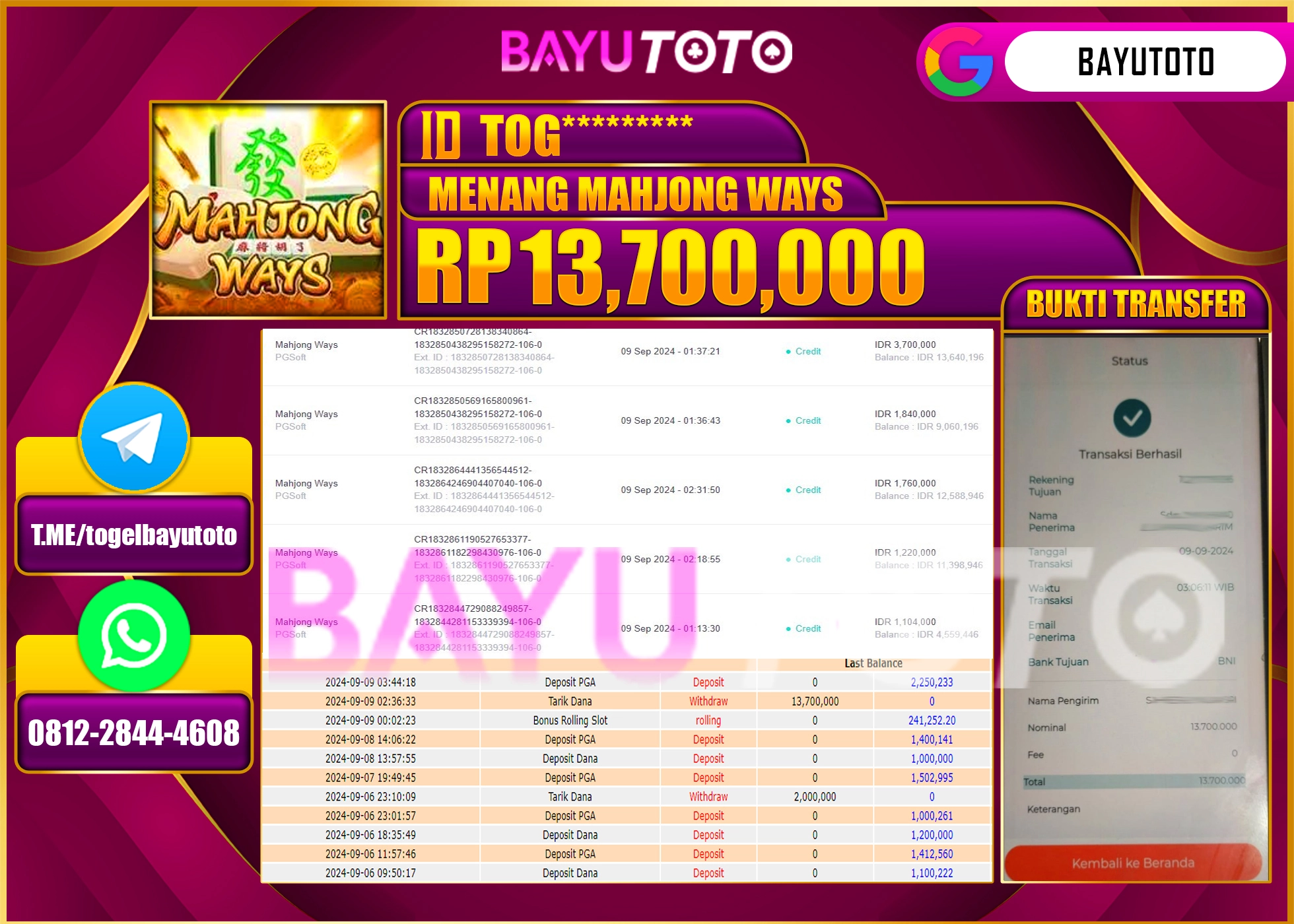 BAYUTOTO MENANG SLOT MAHJONG WAYS 13.700.000 - LUNAS
