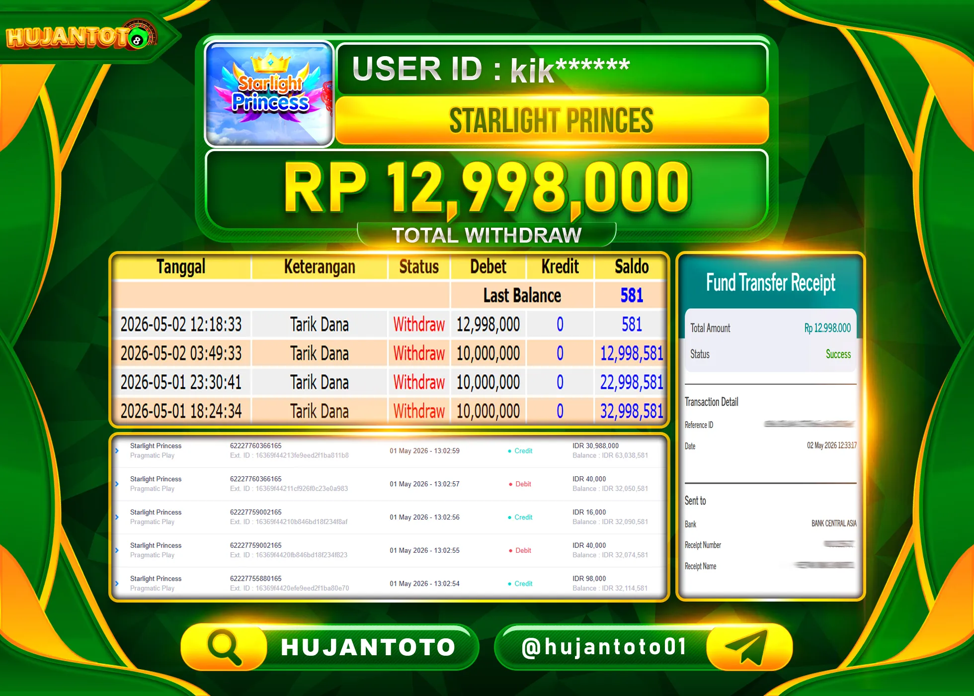 HUJANTOTO - BUKTI JACKPOT MENANG SLOT STARLIGHT PRINCESS  Rp.12,998,000 - TERBAYAR LUNAS