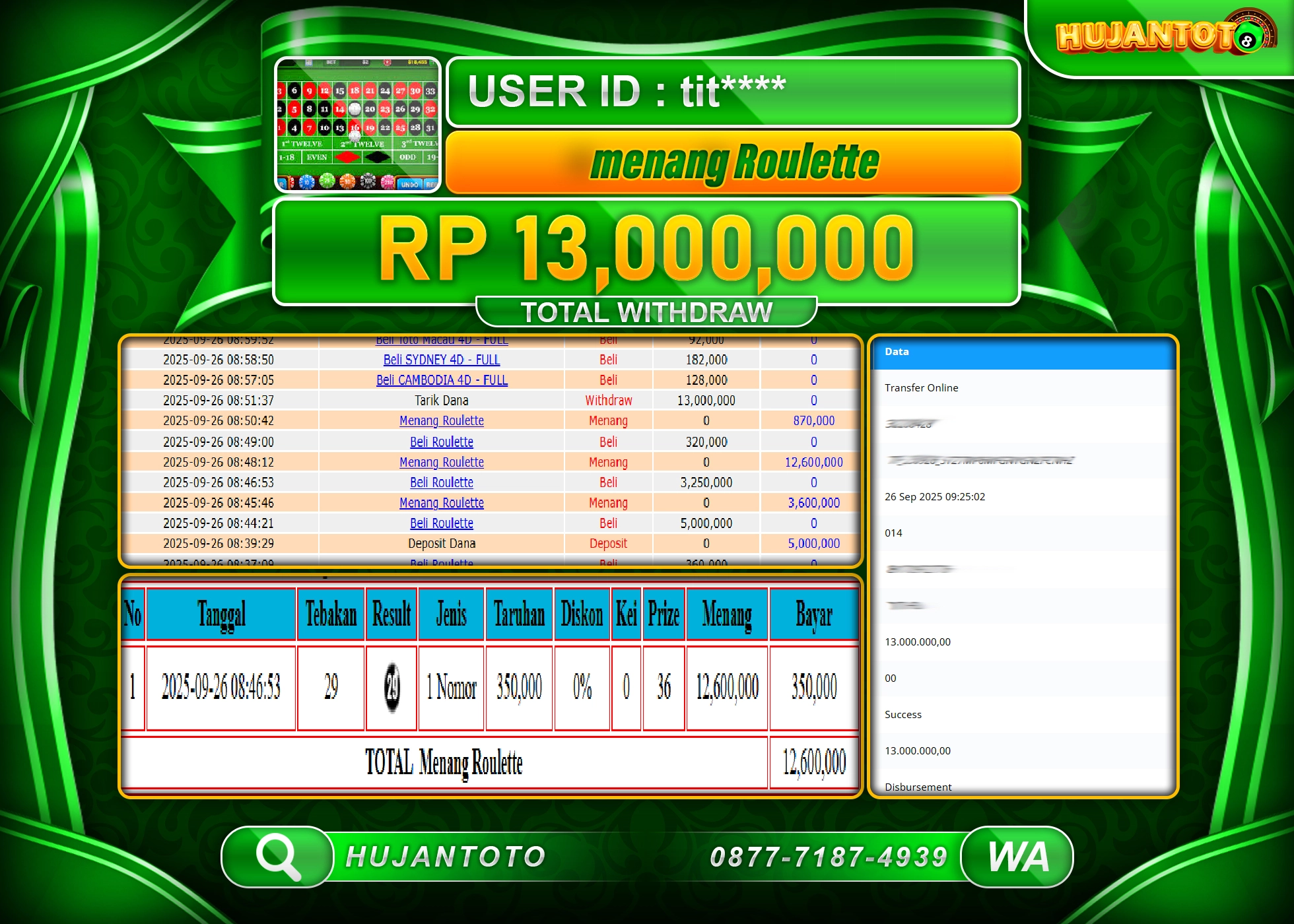 HUJANTOTO - BUKTI JACKPOT MENANG LIVE GAMES ROULETTE Rp.13,000,000 - TERBAYAR LUNAS