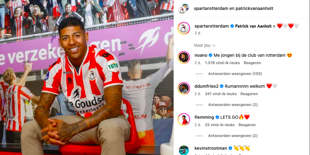 Noa Lang reageert op de Instagram-post van Sparta Rotterdam