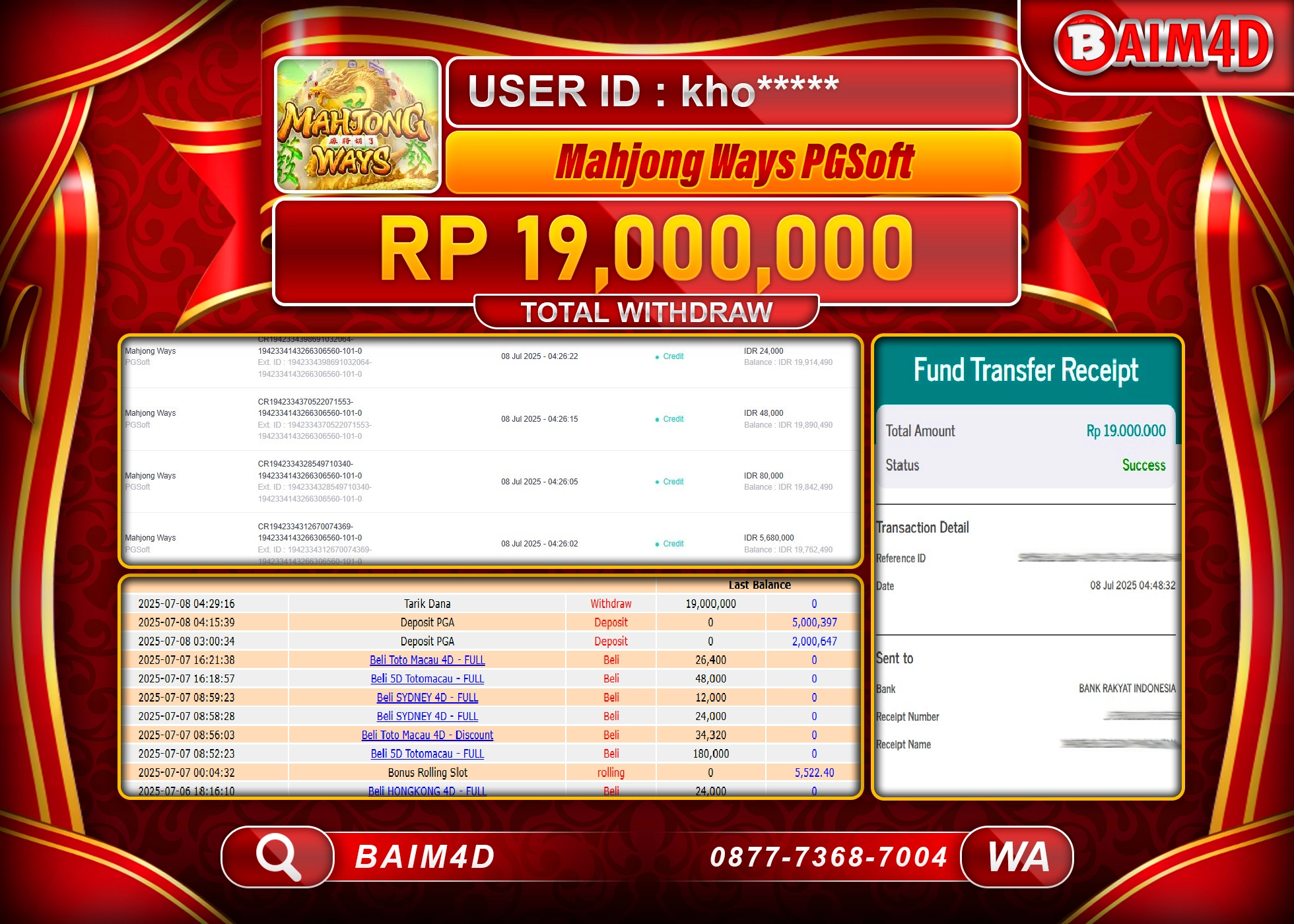 BAIM4D JACKPOT SLOT MAHJONG WAYS- PG SOFT  Rp.19,000,000.- LUNAS