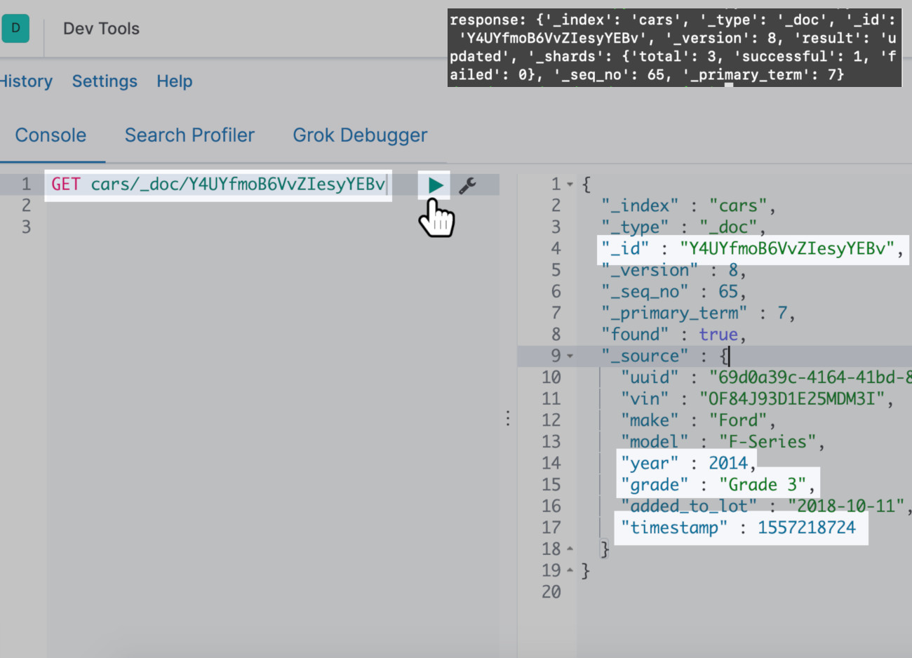 Screenshot of a terminal updating an Elasticsearch document in Python and verifying it in Kibana