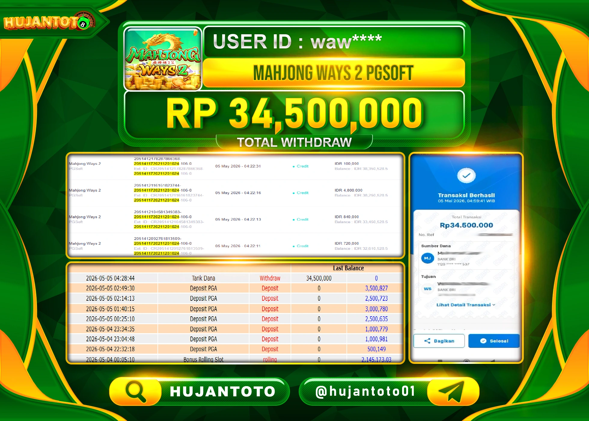 HUJANTOTO - BUKTI JACKPOT MENANG SLOT MAHJONG WAYS 2 PGSOFT Rp.34,500,000 - TERBAYAR LUNAS