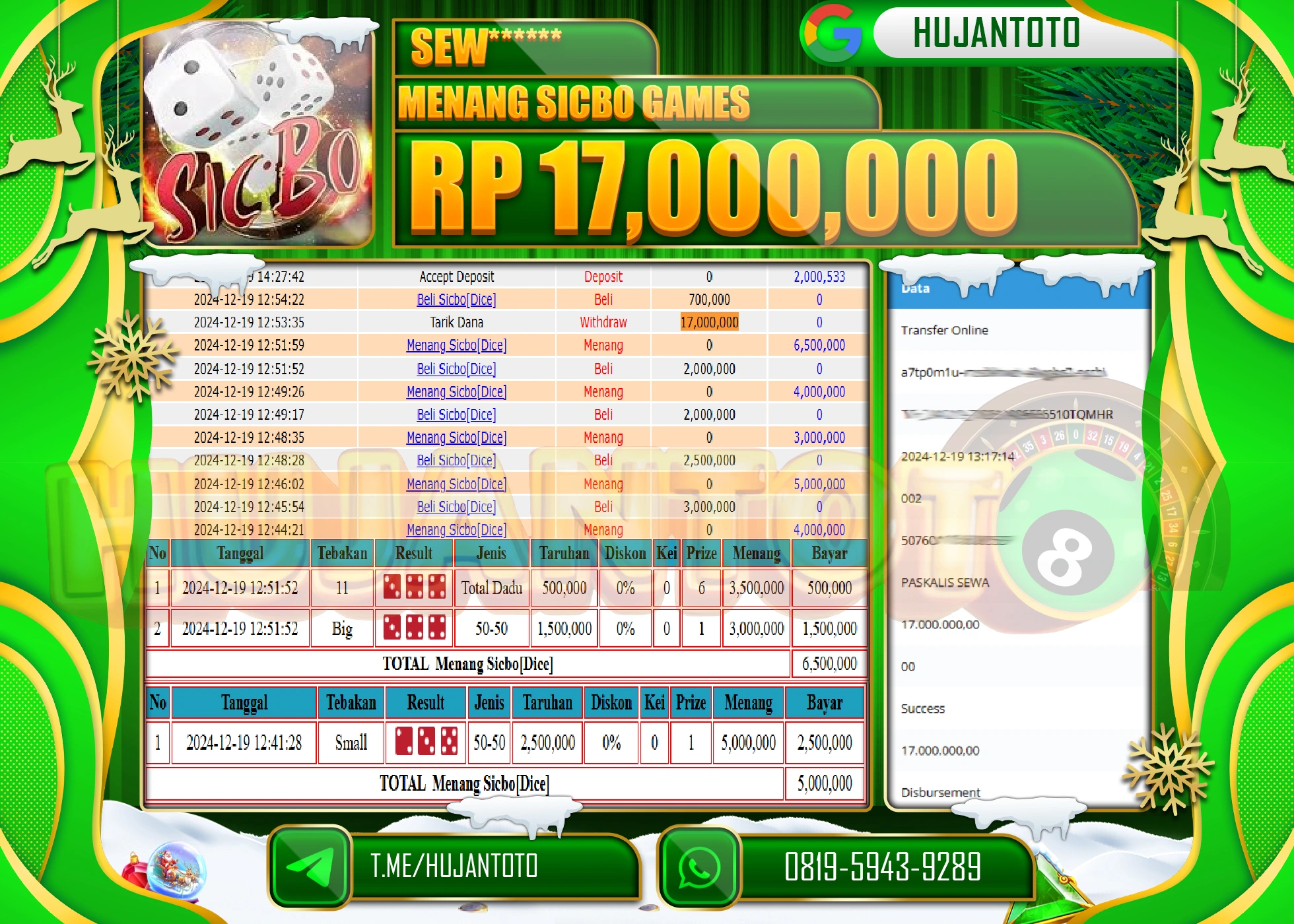 HUJANTOTO ATAS KEMENANGAN YANG DI RAIH DI PERMAINAN LIVE GAME SICBO GAMES SEBESAR - 17,000,000 - TERBAYAR LUNAS