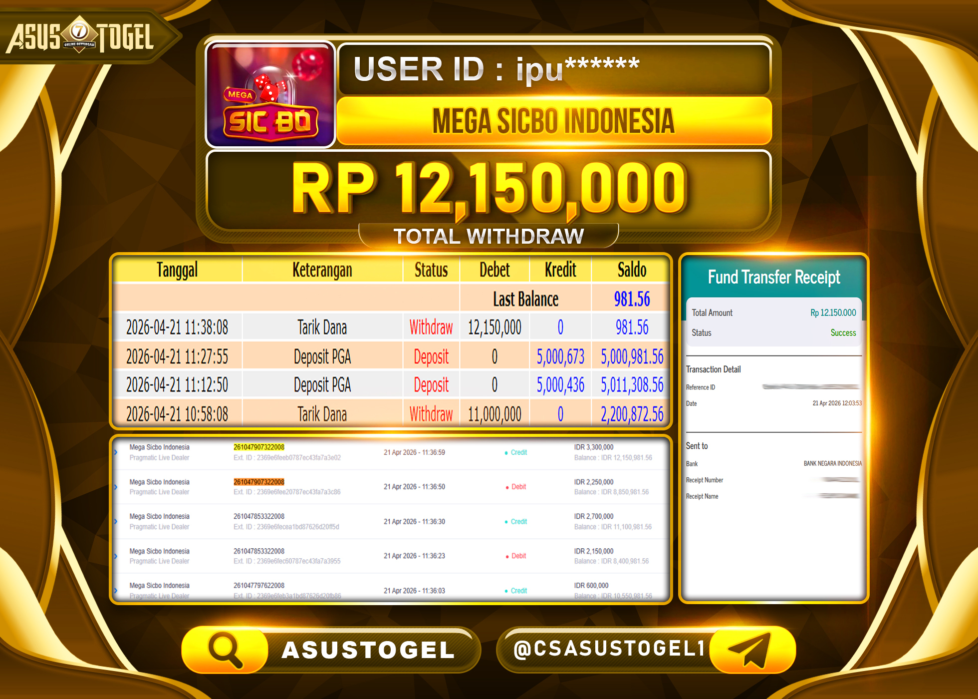 ASUSTOGEL KEMENANGAN JACKPOT DI PERMAINAN MEGA SICBO INDONESIA SEBESAR Rp.12,150,000 - RUPIAH LUNAS