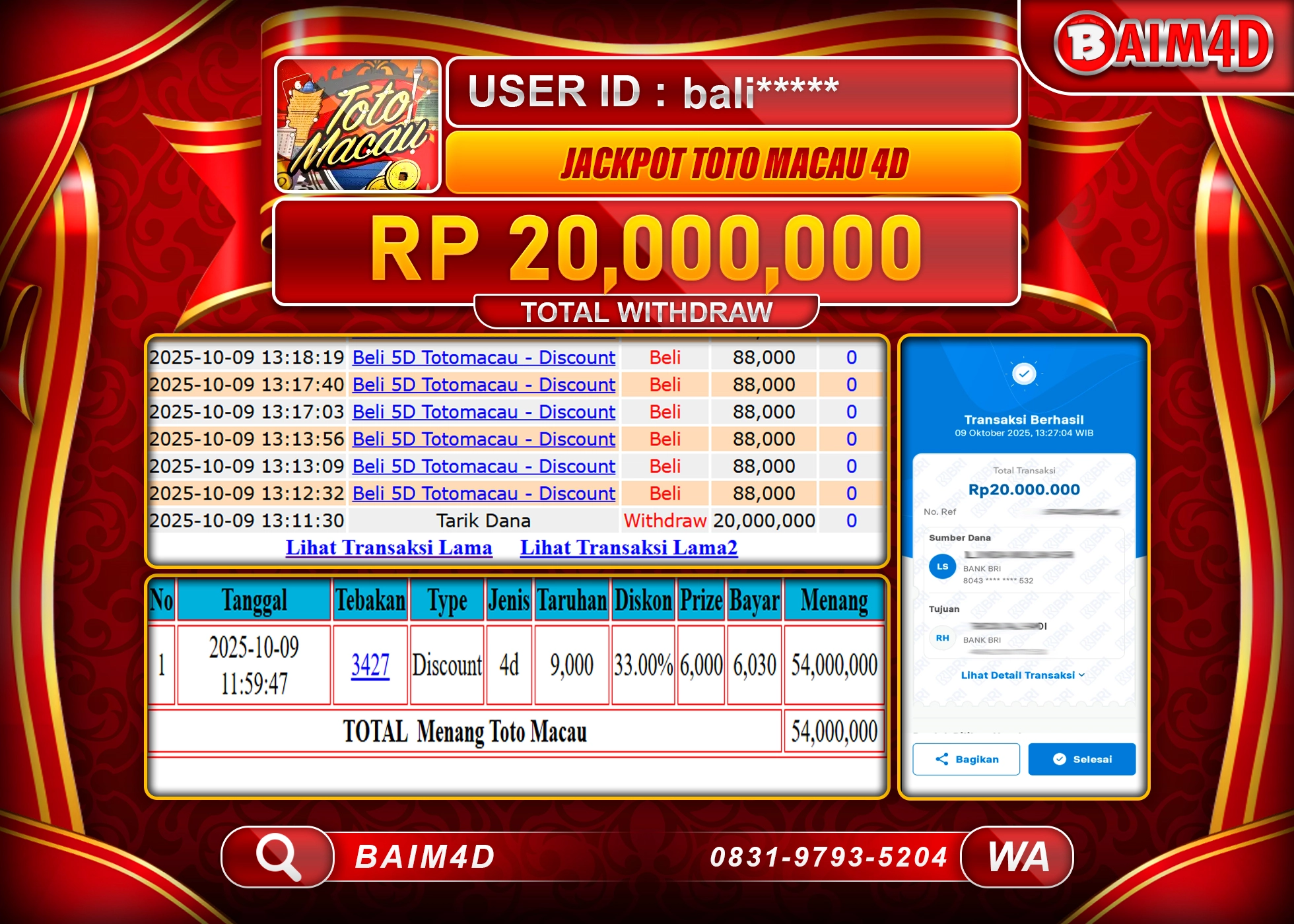 BAIM4D JACKPOT TOGEL TOTO MACAU 4D GAMES Rp.20,000,000.- LUNAS