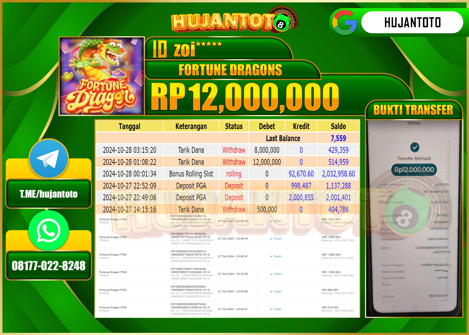 HUJANTOTO MENANG DI PERMAINAN FORTUNE DRAGONS  - 12,000,000 - LUNAS