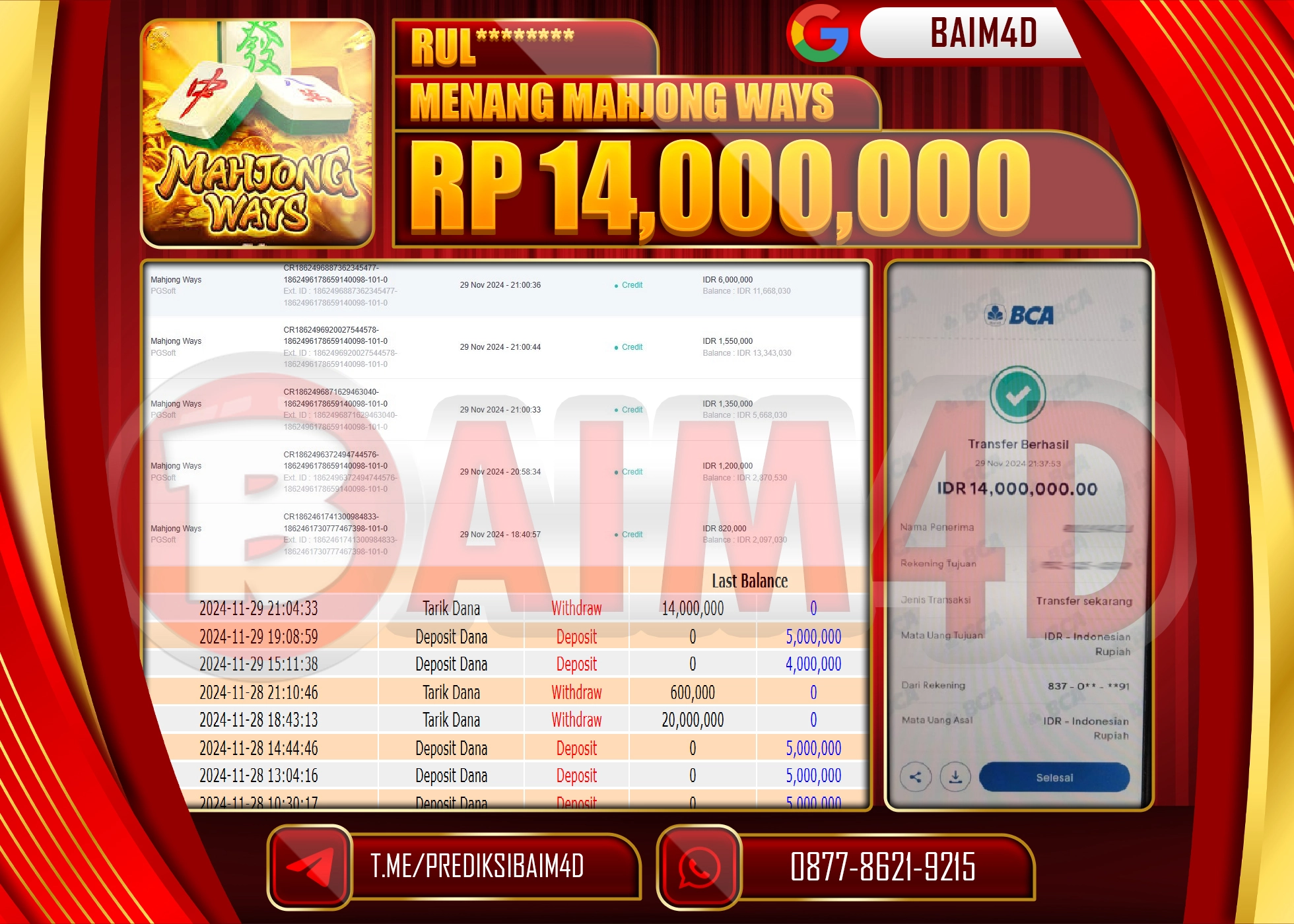 BAIM4D JACKPOT PG SOFT MAHJONG WAYS Rp.14.000,000.- LUNAS