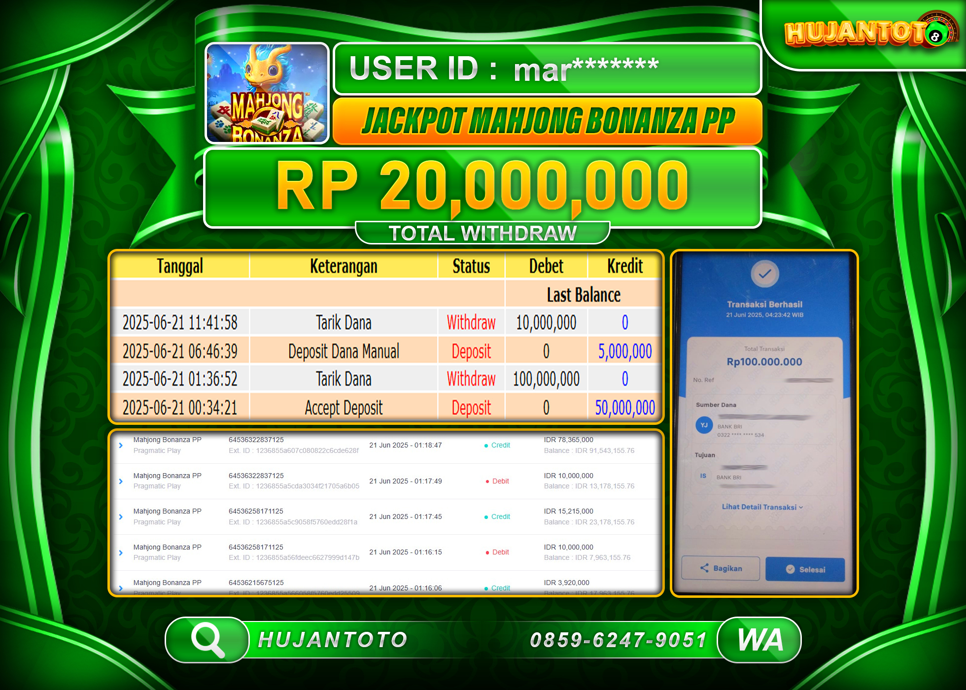 HUJANTOTO - BUKTI JACKPOT MENANG SLOT MAHJONG BONANZA PP Rp.20,000,000 - TERBAYAR LUNAS