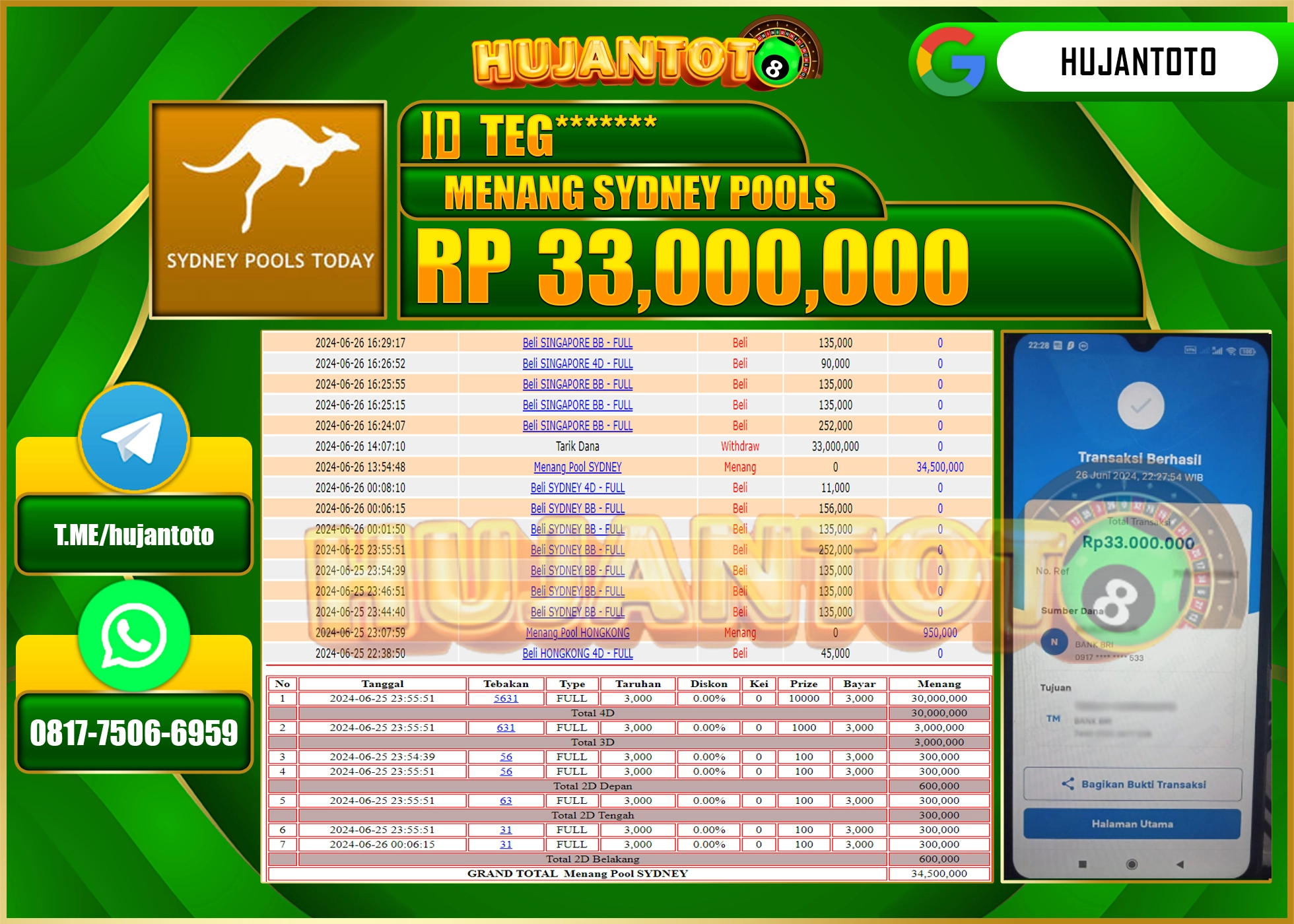 HUJANTOTO MENANG SYDNEY POOLS WD 33.000.000 - LUNAS 