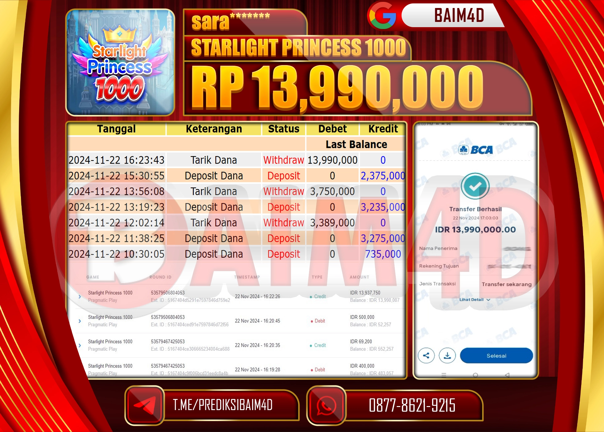BAIM4D JACKPOT STARLIGHT PRINCESS 1000 Rp.13.990,000.- LUNAS