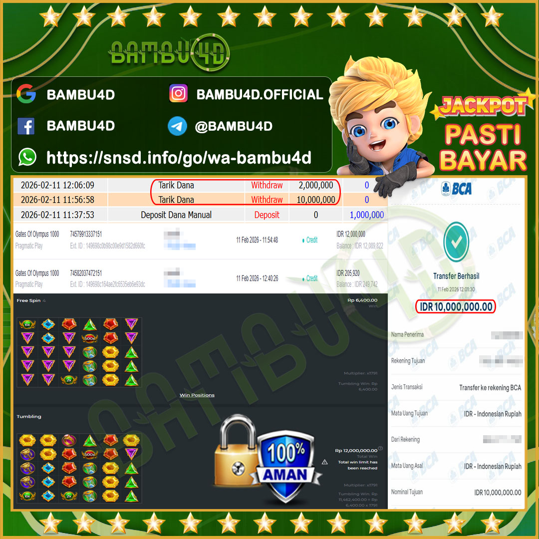 BAMBU4D JACKPOT SLOT PRAGMATIC GATES OF OLYMPUS 1000 Rp.12.000.000,- LUNAS