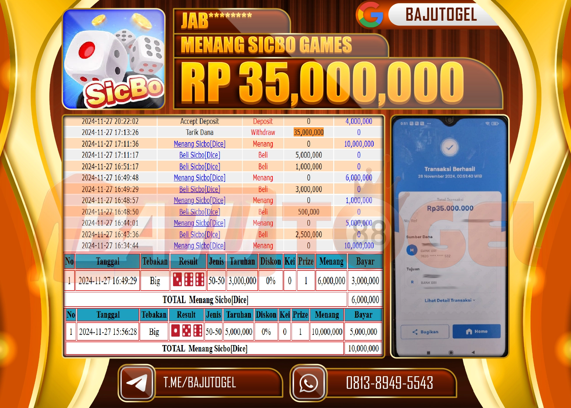 BAJUTOGEL JACKPOT MENANG SICBO GAMES Rp.35.000.000 LUNAS