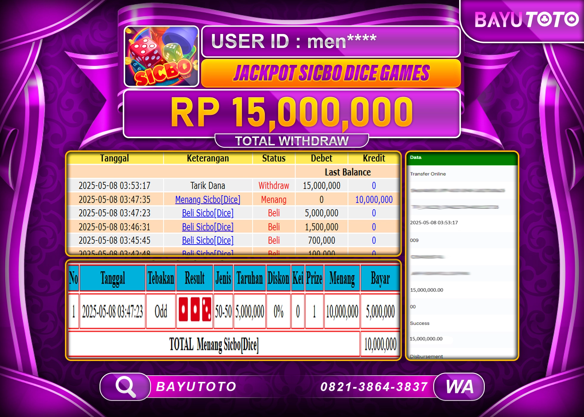 BAYUTOTO JACKPOT LIVE GAMES SICBO  DICE Rp.15,000,000 LUNAS