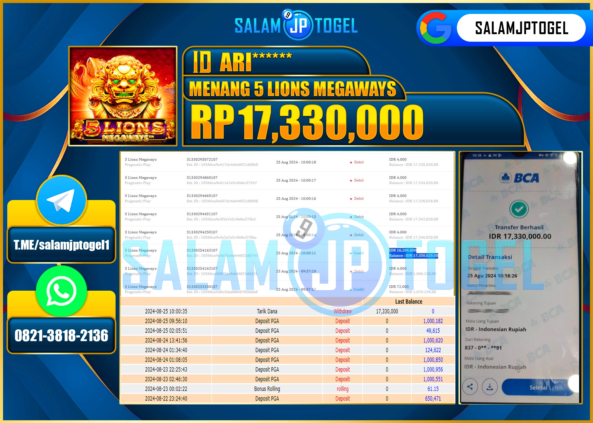 SALAMJPTOGEL MENANG SLOT 5 LIONS MEGAWAYS RP. 17,330,000 LUNAS