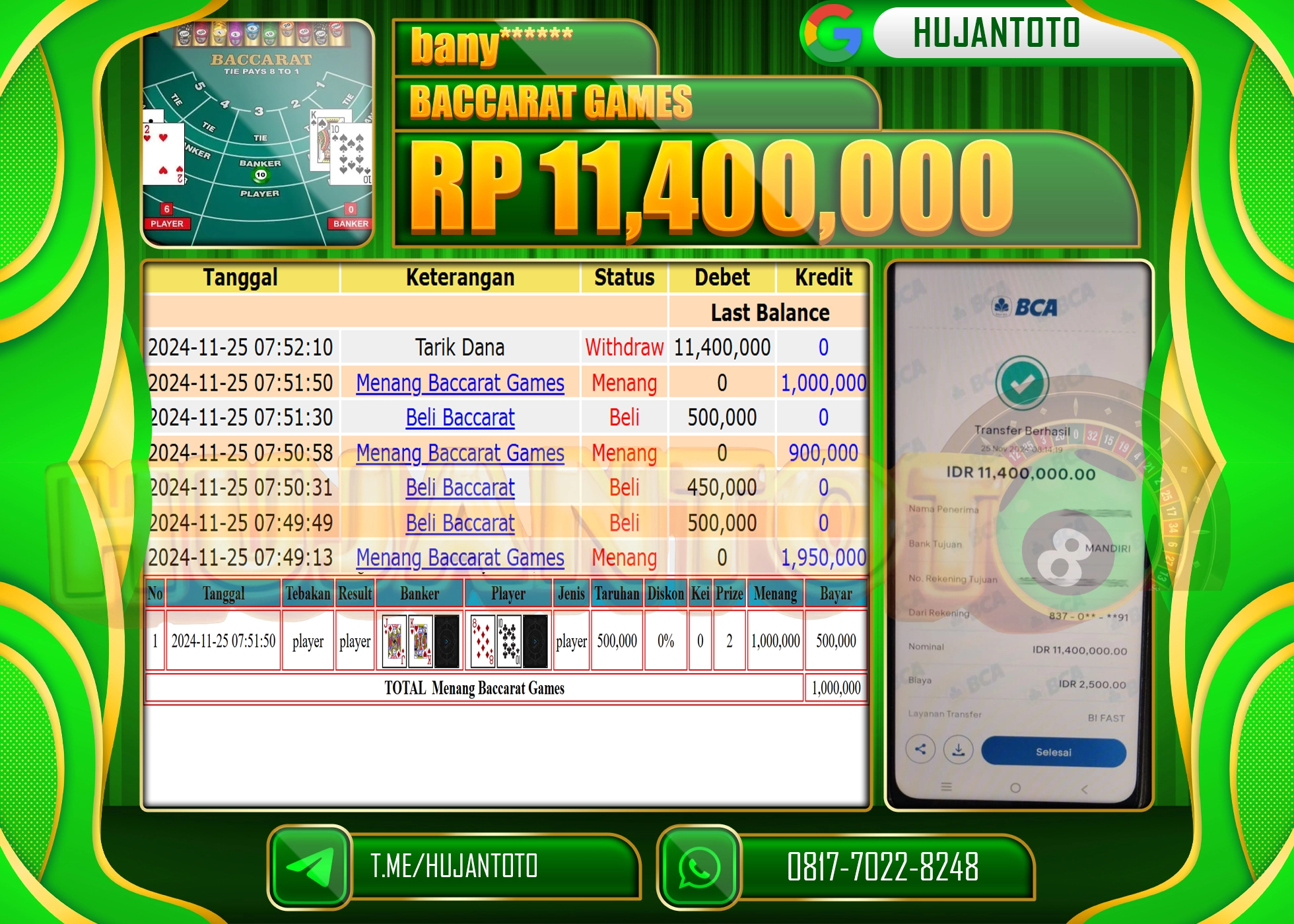 HUJANTOTO KEMENANGAN BESAR DI LIVE GAMES BARACCARAT GAMES  SEBESAR  - 11,400,000 - LUNAS