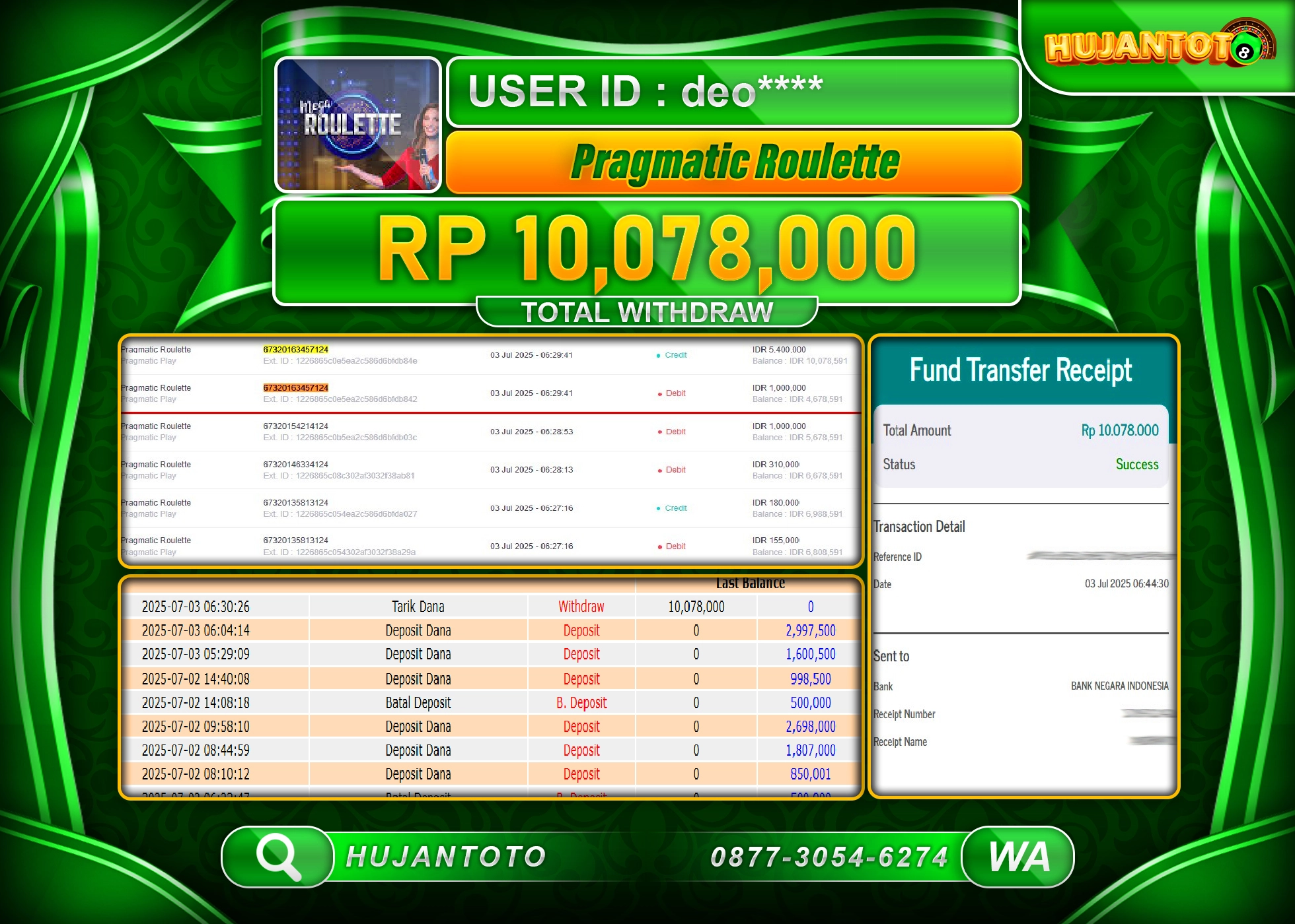 HUJANTOTO - BUKTI JACKPOT MENANG DI GAME PRAGMATIC ROULLETE Rp.10,078,000  - TERBAYAR LUNAS