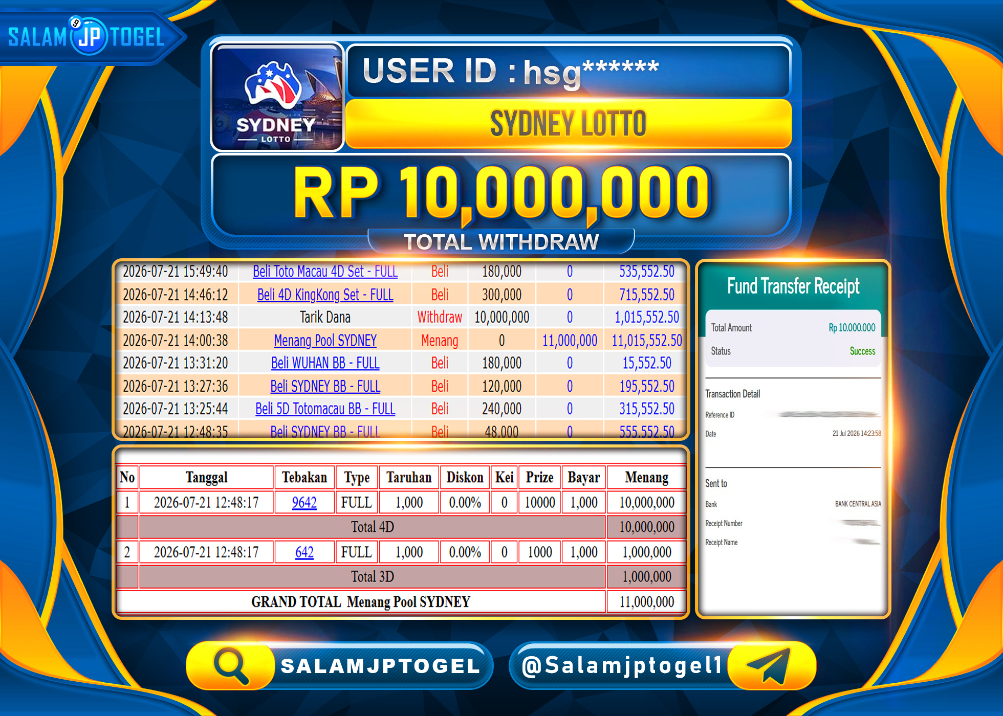 SALAMJPTOGEL JACKPOT MENANG JACKPOT SYDNEY LOTTO  -  ( TOGEL )  Rp.10,000,000  - LUNAS