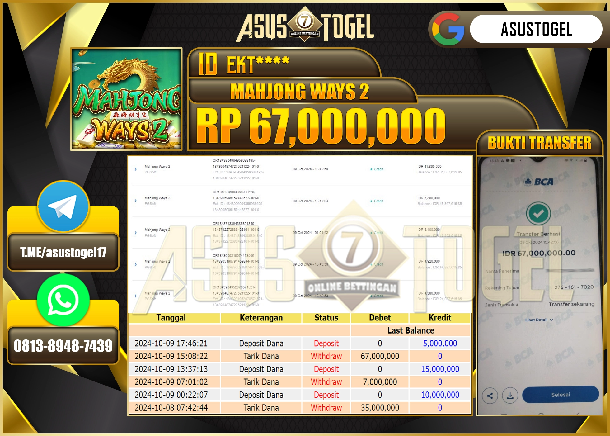 ASUSTOGEL KEMENANGAN  DI GAMES   MENANG    MAHJONG WAYS 2    SEBESAR 67,000,000- RUPIAH LUNAS