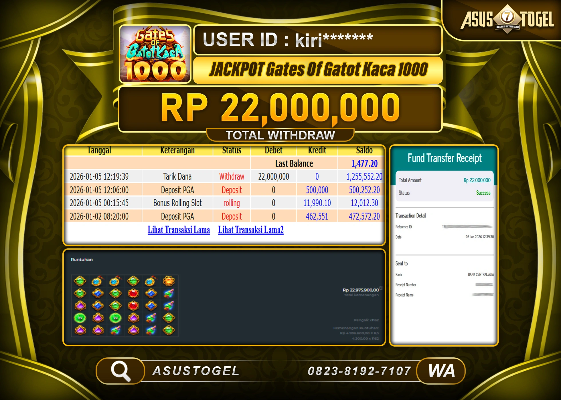 ASUSTOGEL KEMENANGAN DI SLOT GATES  OF GATOT KACA 1000  SEBESAR 22,000,000 - RUPIAH LUNAS