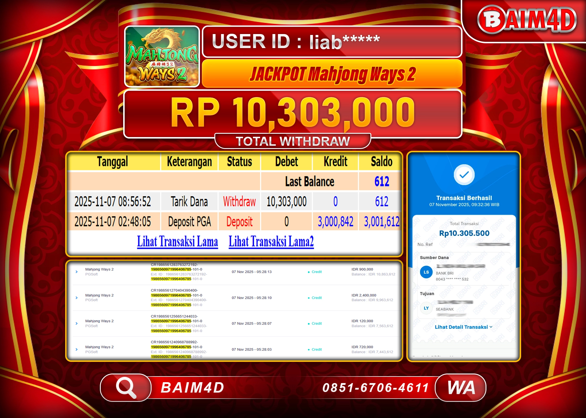 BAIM4D JACKPOT  SLOT MAHJONG WAYS  2 Rp.10,303,000 - LUNAS