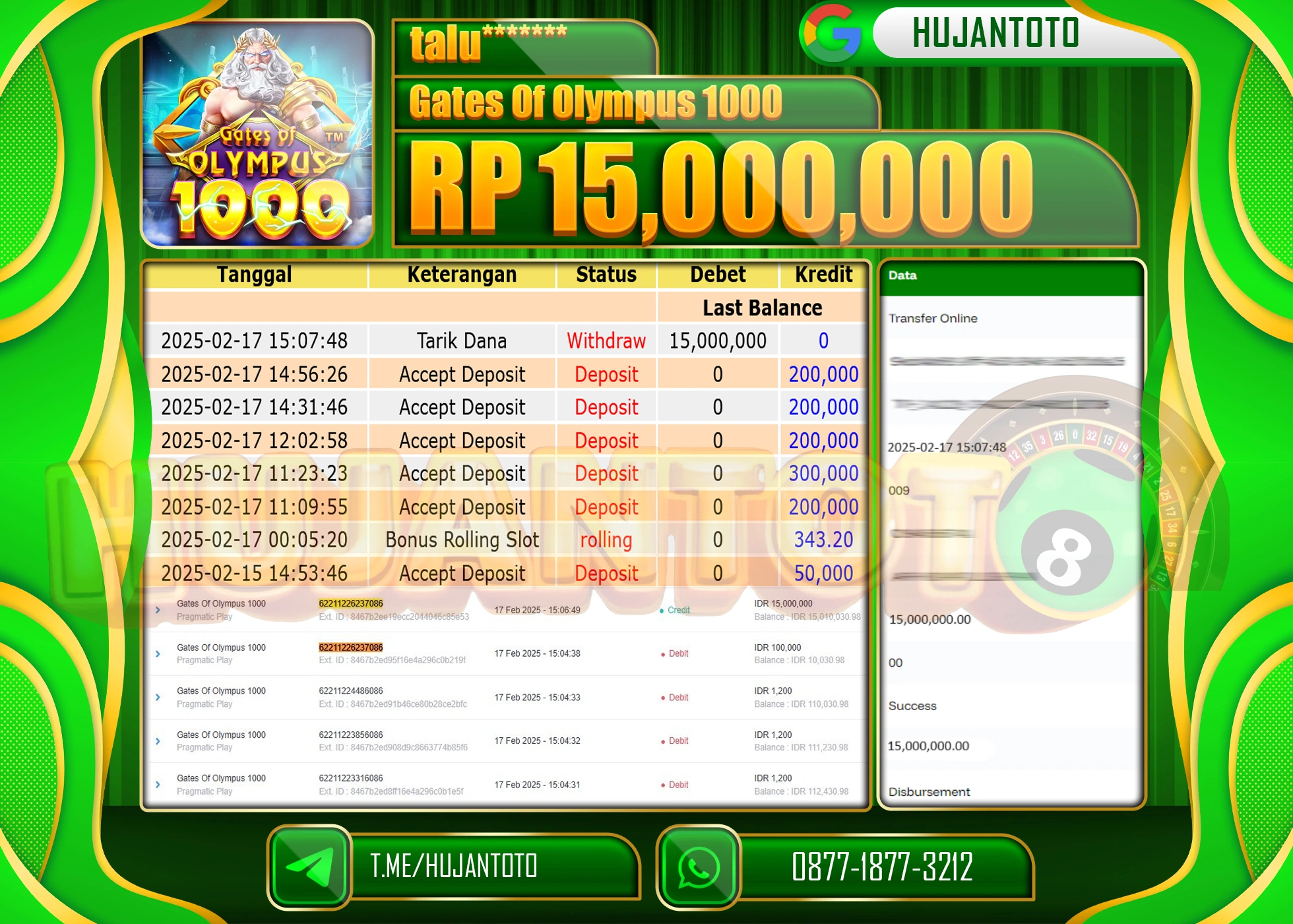HUJANTOTO - BUKTI JACKPOT MENANG SLOT GATES OF OLYMPUS 1000 Rp,15,000,000  - TERBAYAR LUNAS