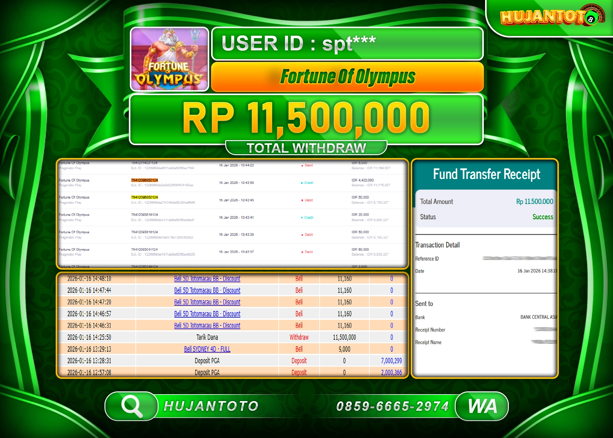 HUJANTOTO - BUKTI JACKPOT MENANG SLOT FORTUNE OF OLYMPUS Rp.11,500,000 - TERBAYAR LUNAS