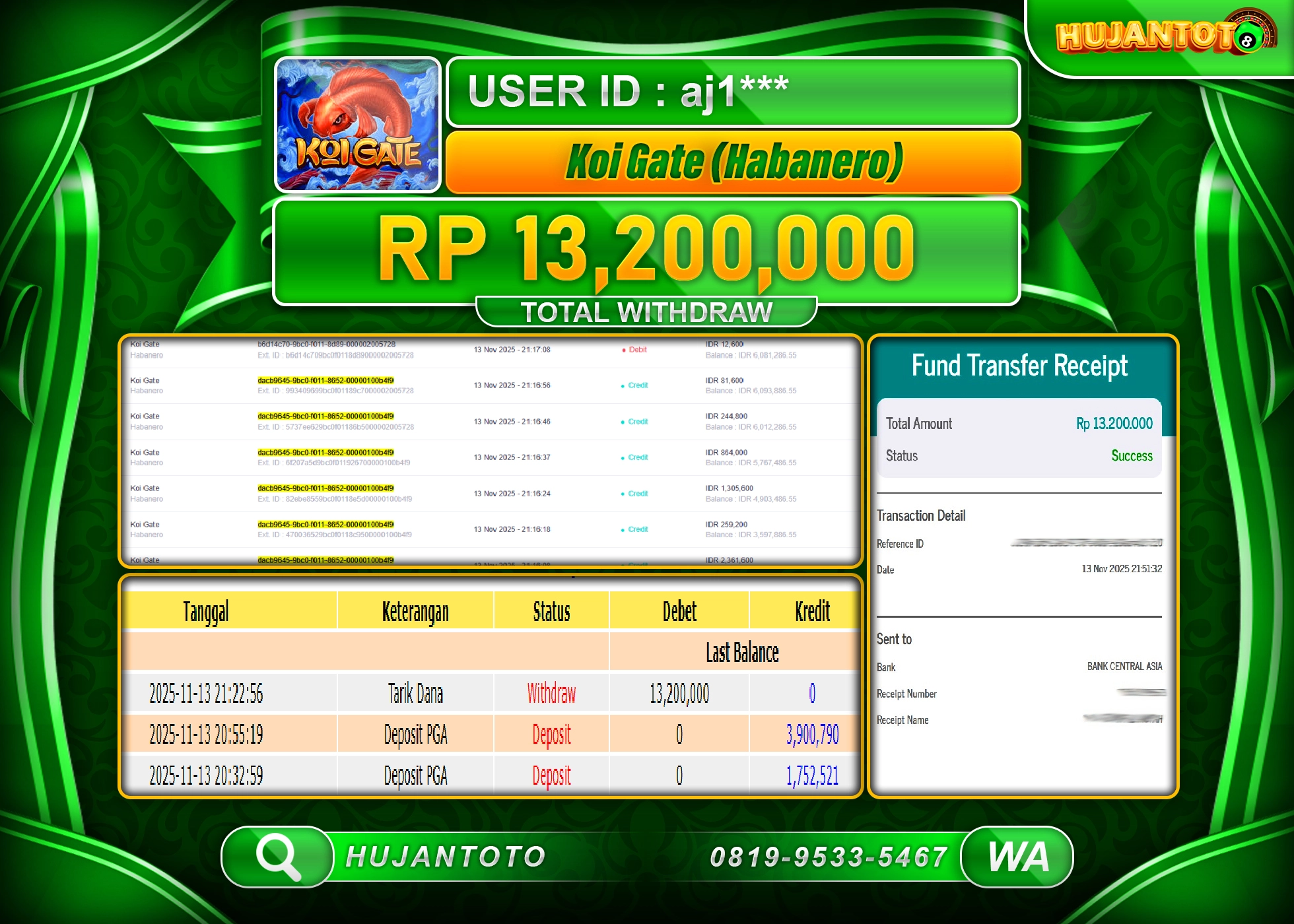 HUJANTOTO - BUKTI JACKPOT MENANG HABANERO KOI GATE Rp.13,200,000 - TERBAYAR LUNAS
