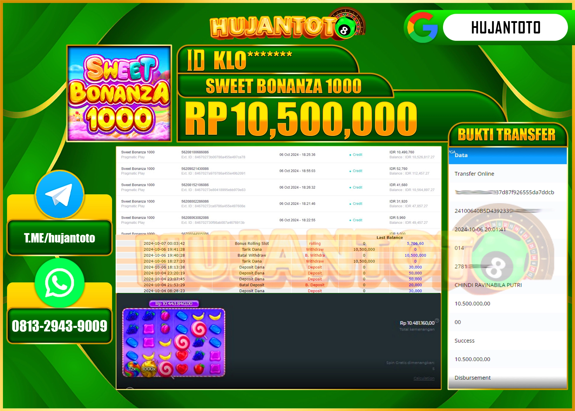 HUJANTOTO MENANG DI SWEET BONANZA 1000 10,500,000 - LUNAS 