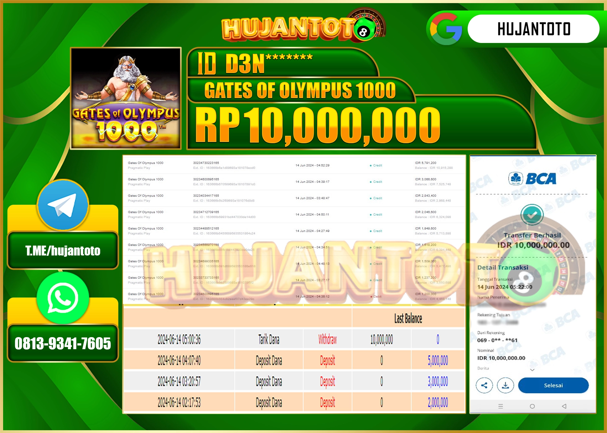 HUJANTOTO MENANG DI GATES OF OLYMPUS 1000 10.000.000 - LUNAS 