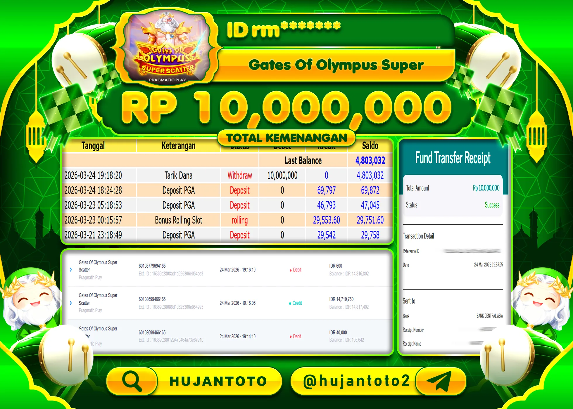HUJANTOTO - BUKTI JACKPOT MENANG SLOT GATES OF OLYMPUS SUPER SCATTER Rp.10,000,000 - TERBAYAR LUNAS