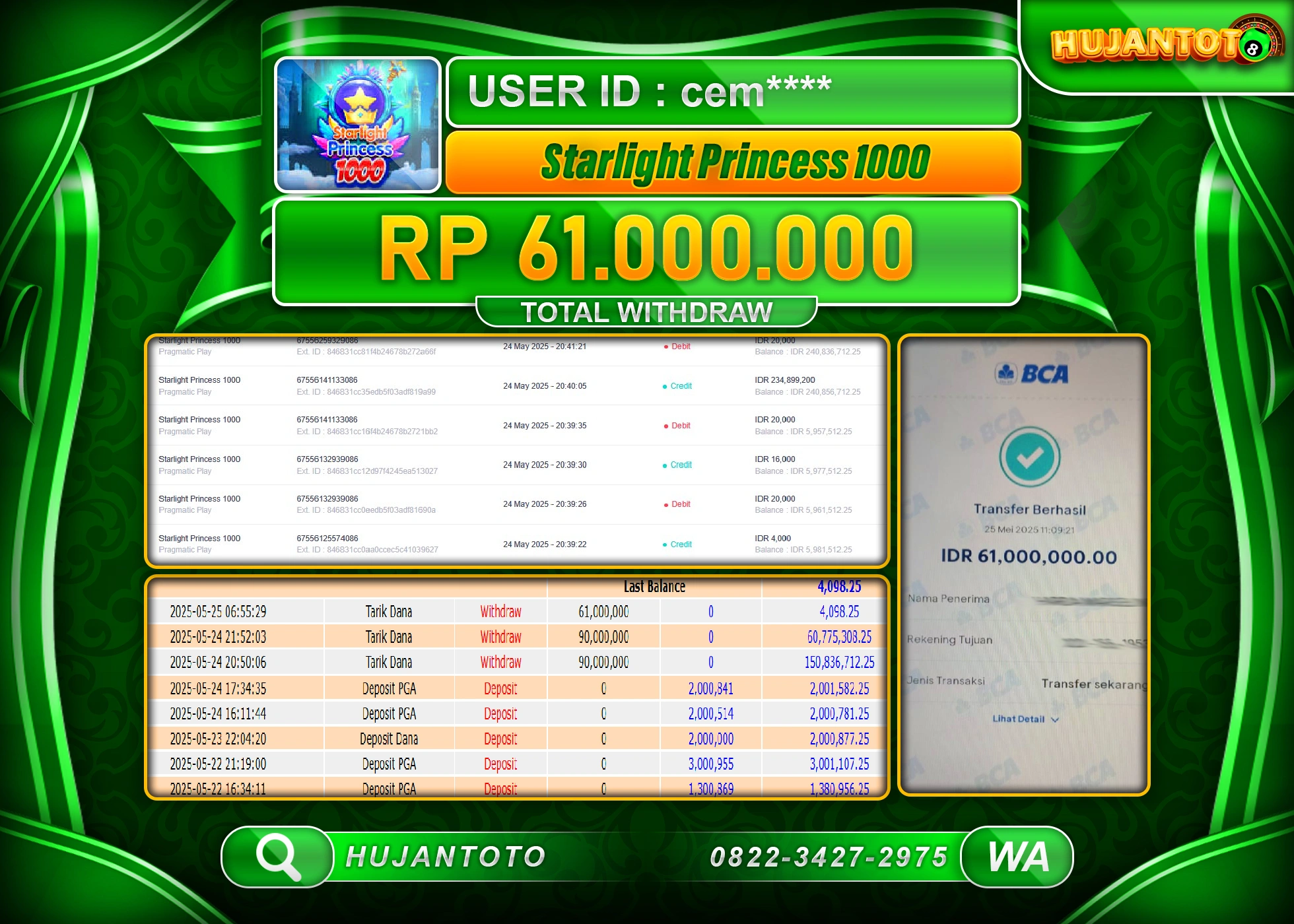 HUJANTOTO - BUKTI JACKPOT MENANG SLOT STARLIGHT PRINCESS 1000 Rp.61,000,000 - TERBAYAR LUNAS
