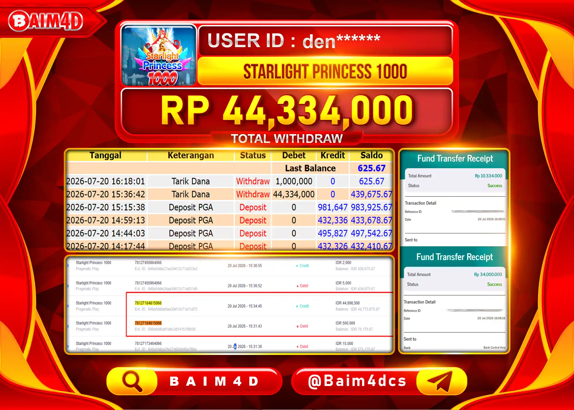 BAIM4D JACKPOT SLOT STARLIGHT PRINCES 1000 Rp.44,334,000 - LUNAS
