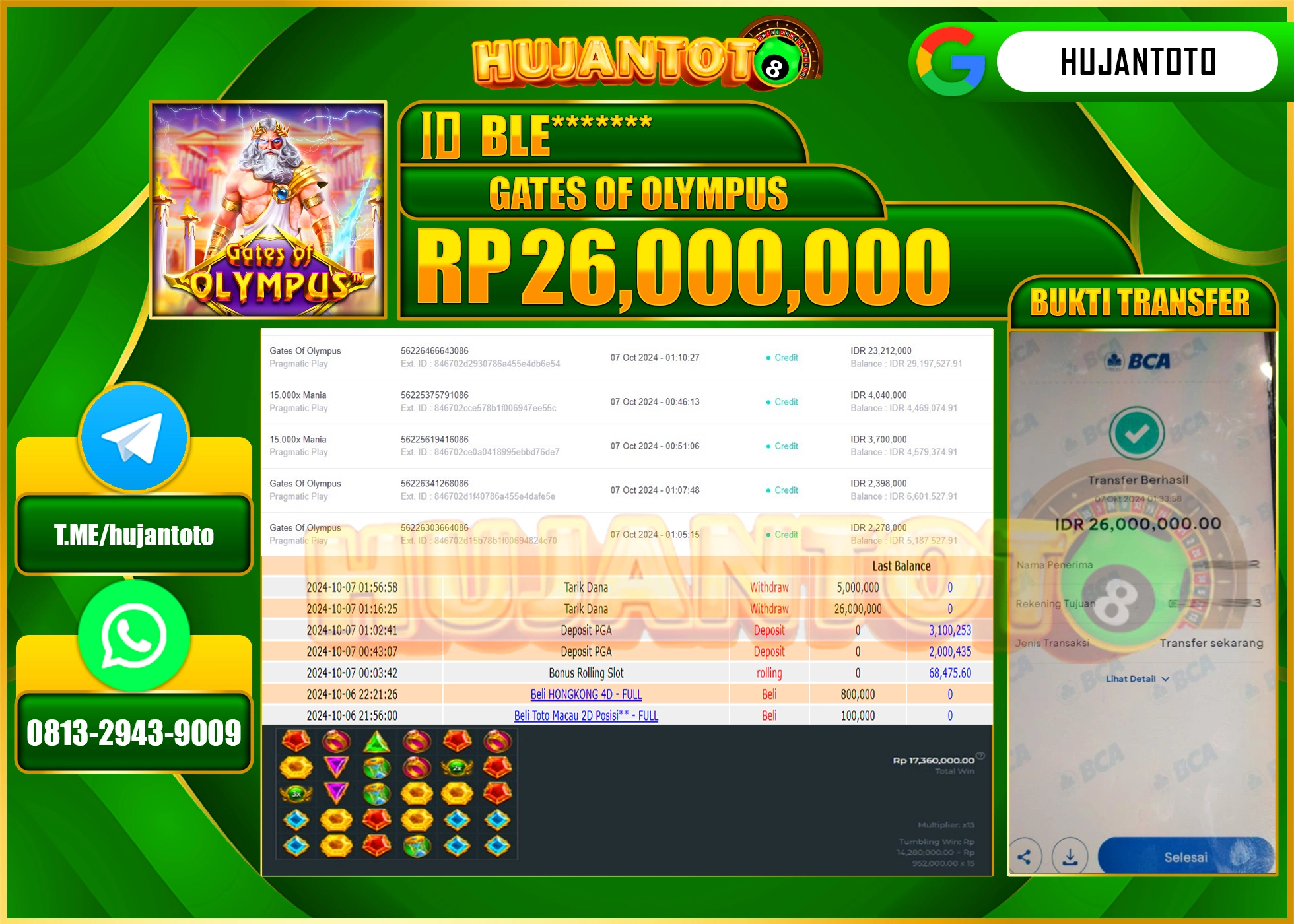 HUJANTOTO MENANG DI GATES OF OLYMPUS 26,000,000 - LUNAS 