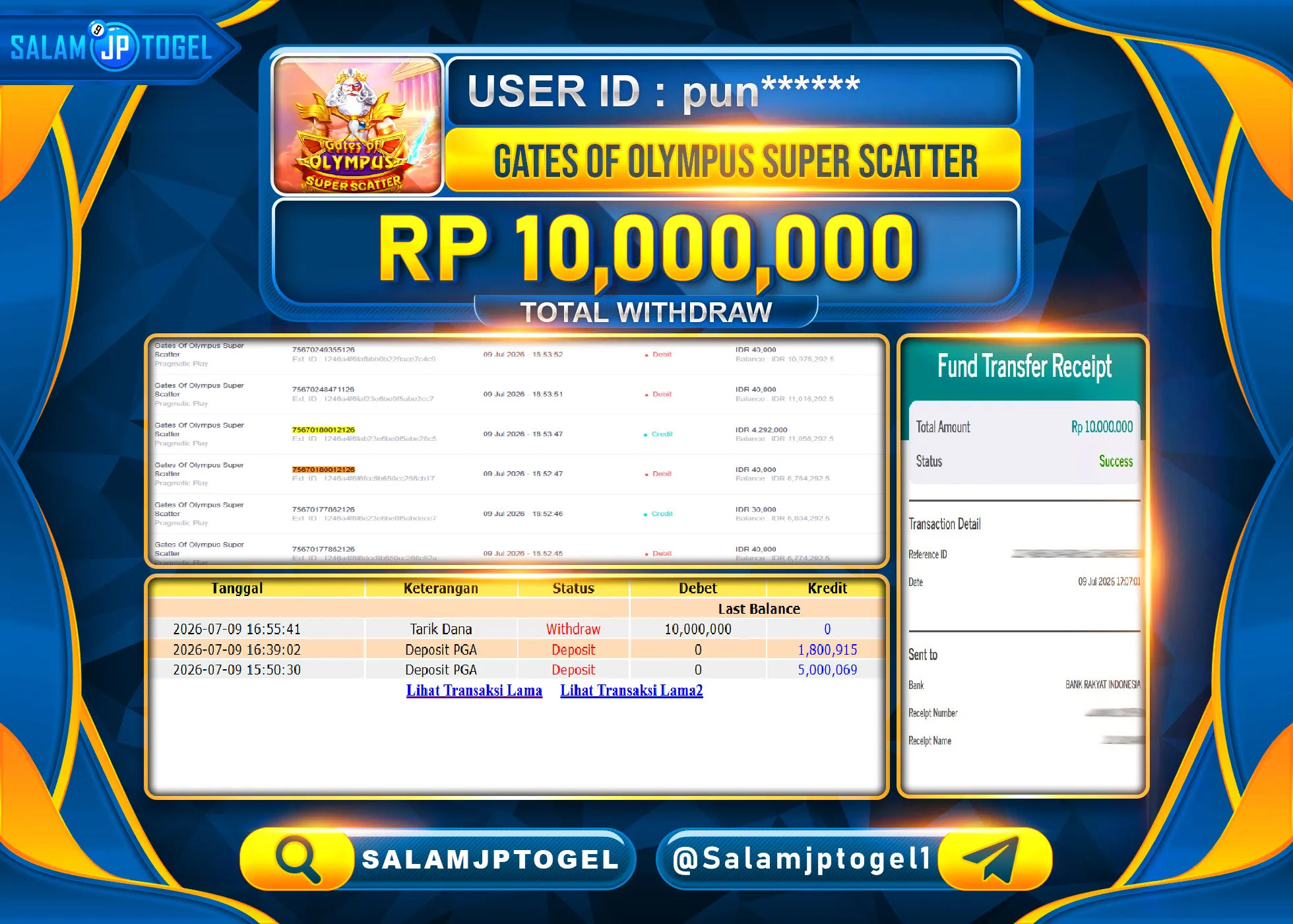 SALAMJPTOGEL JACKPOT MENANG GATES OF OLYMPUS SUPER SCATTER Rp.10,000,000 - LUNAS